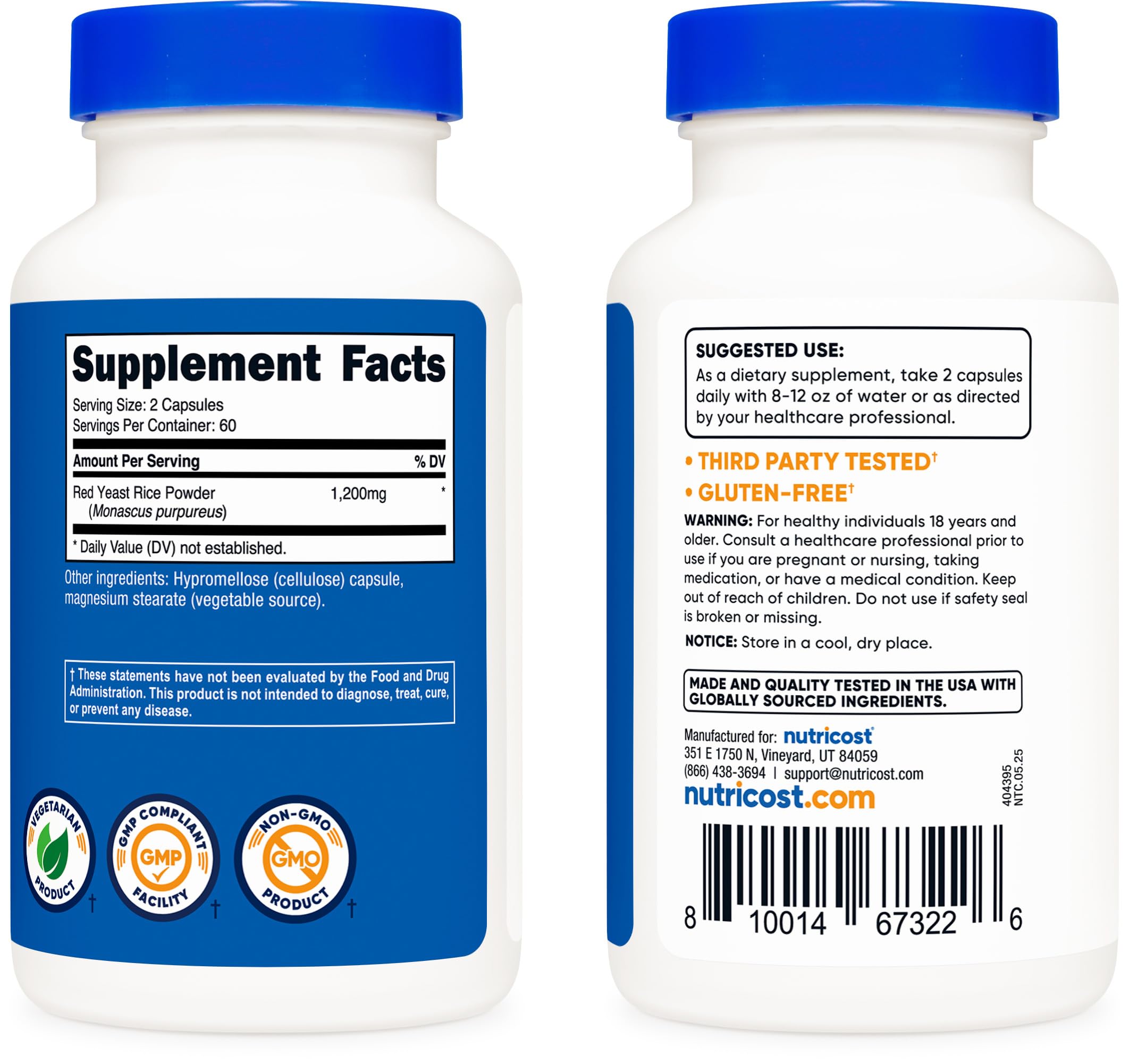 Nutricost Levure de Riz Rouge 1200mg – Emballage carton recyclable et informatif.