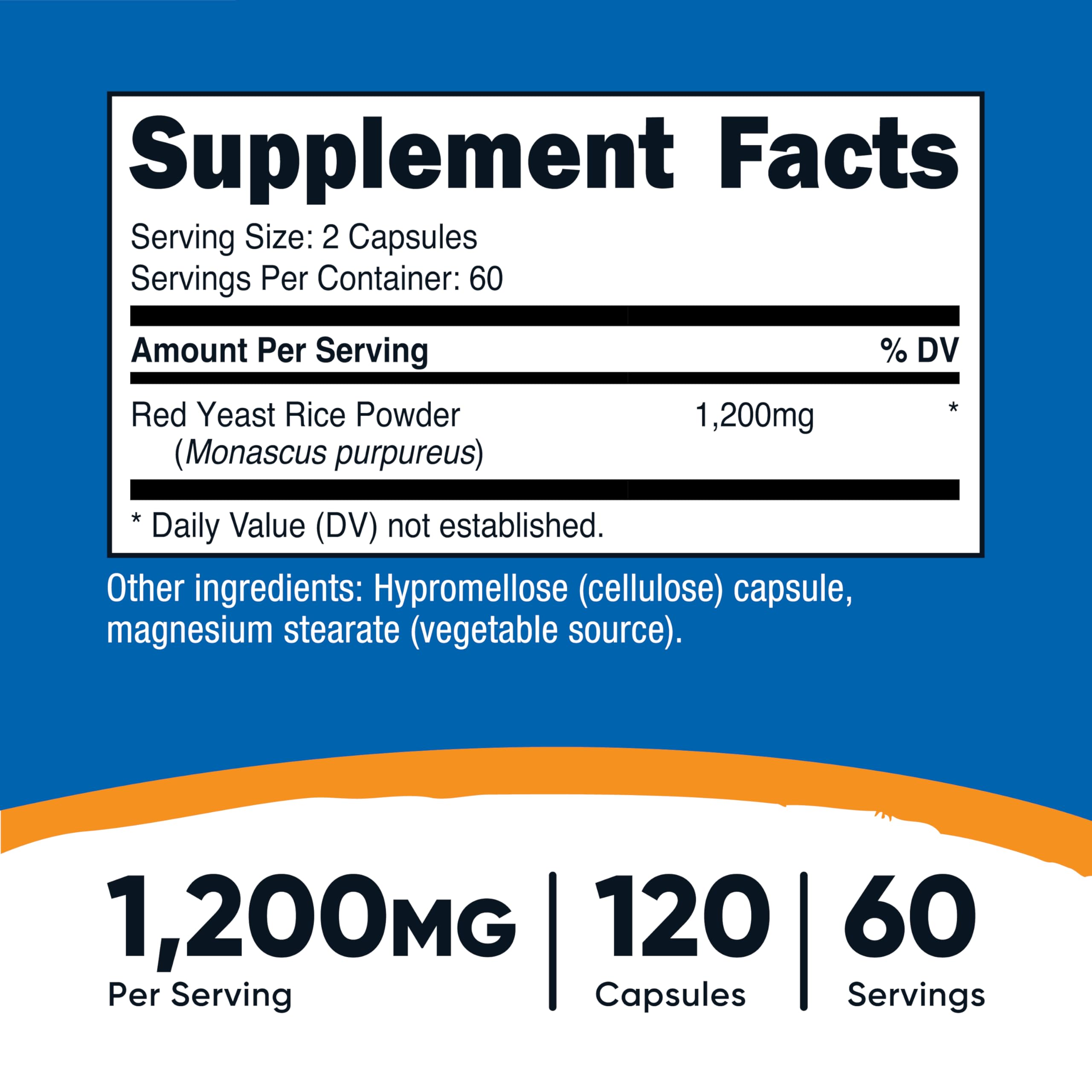Nutricost Levure de Riz Rouge 1200mg – Étiquette claire facilitant le choix.