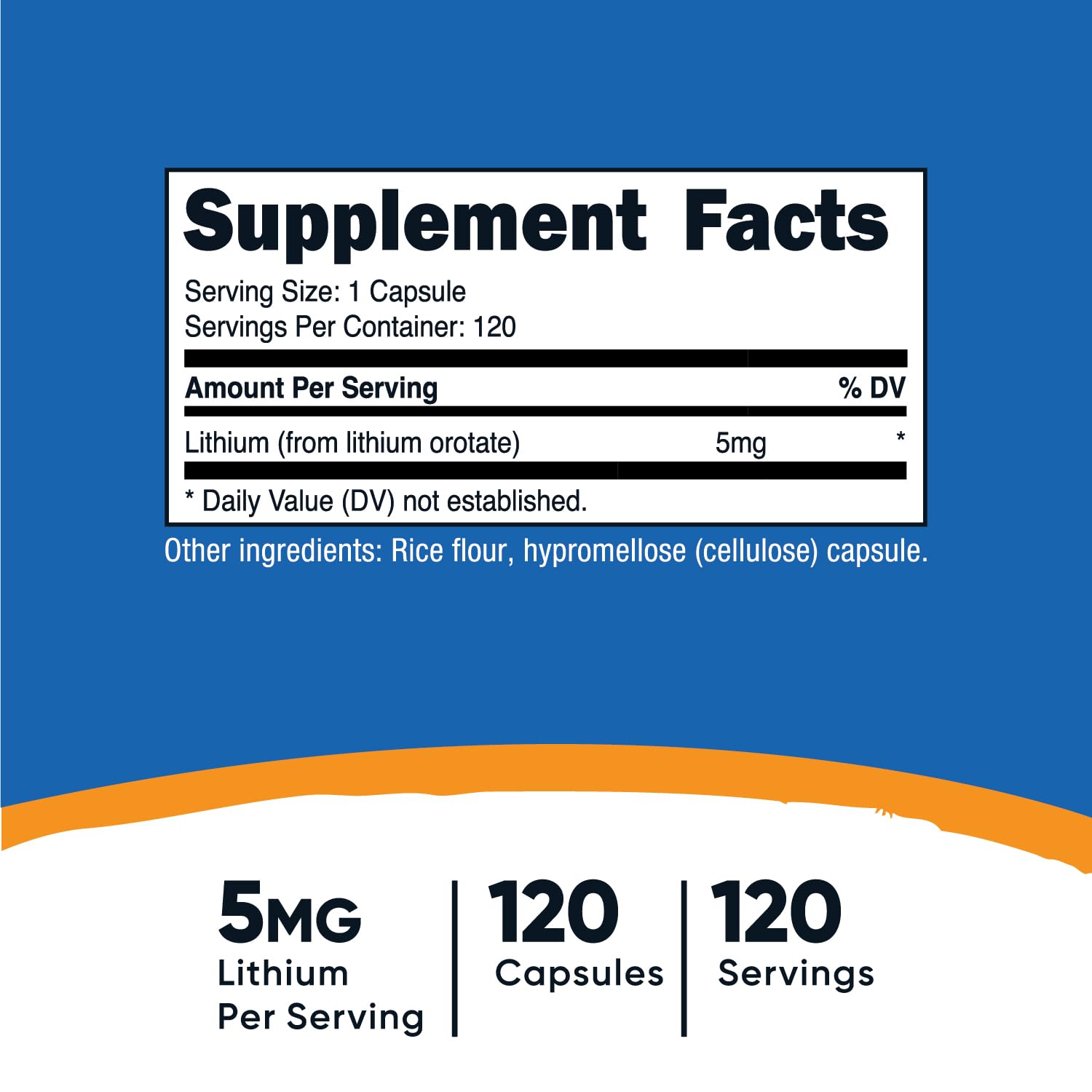 Nutricost Lithium Orotate 5 mg, étiquette sans OGM et sans gluten.
