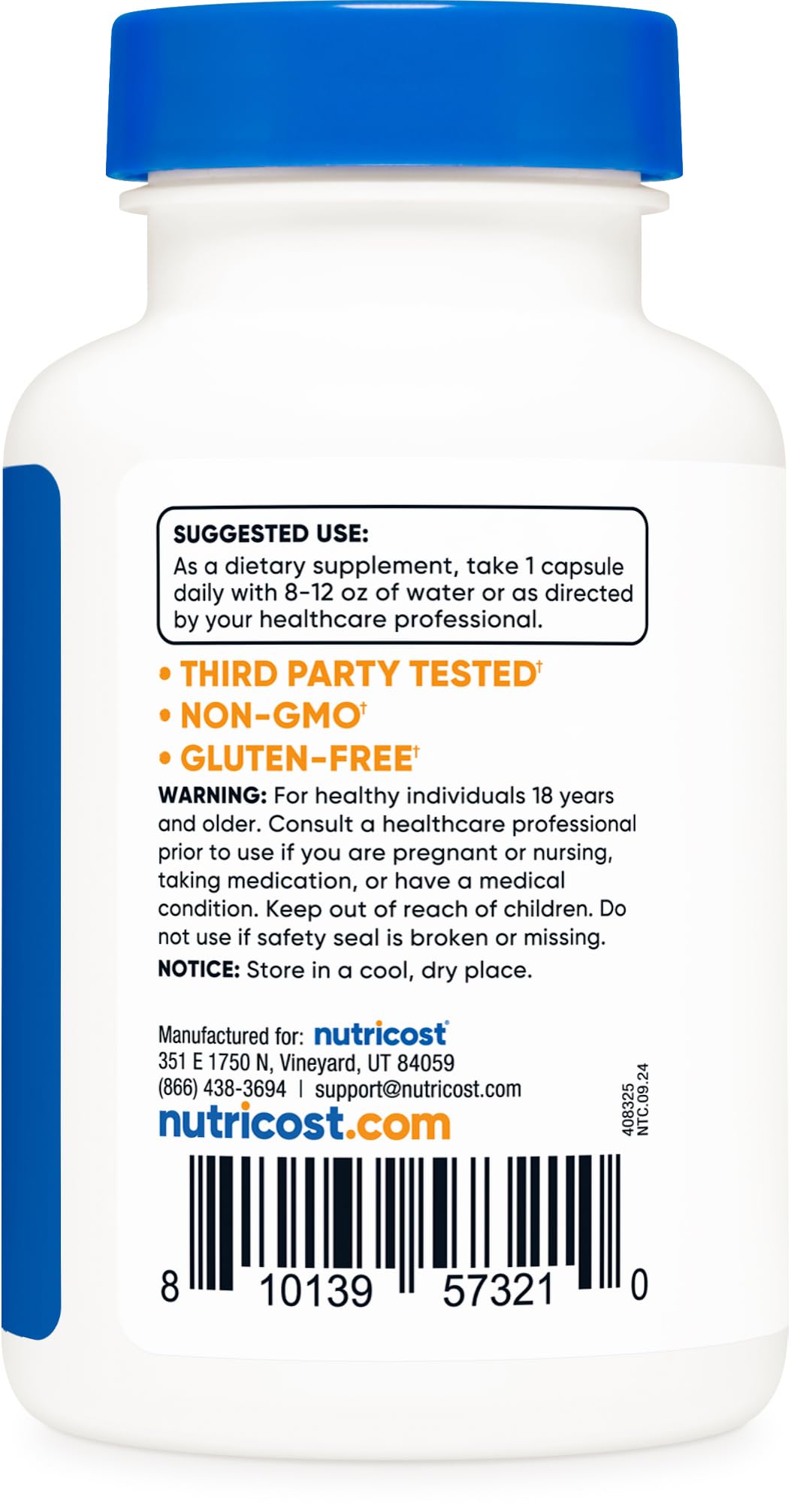 Nutricost Lumbrokinase: emballage clair soulignant l'absence de gluten et d'OGM.
