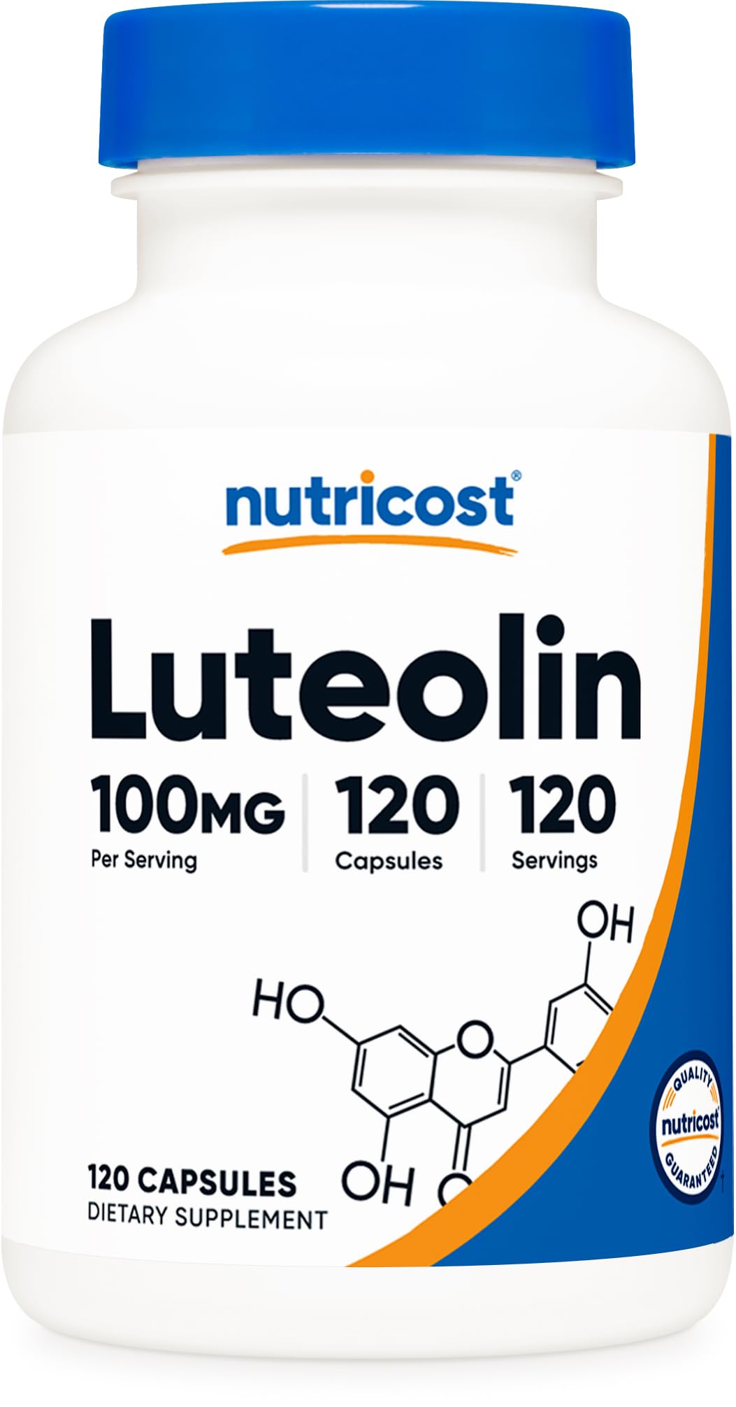 Nutricost Luteolin 100 mg, bouteille; dosage quotidien simple.