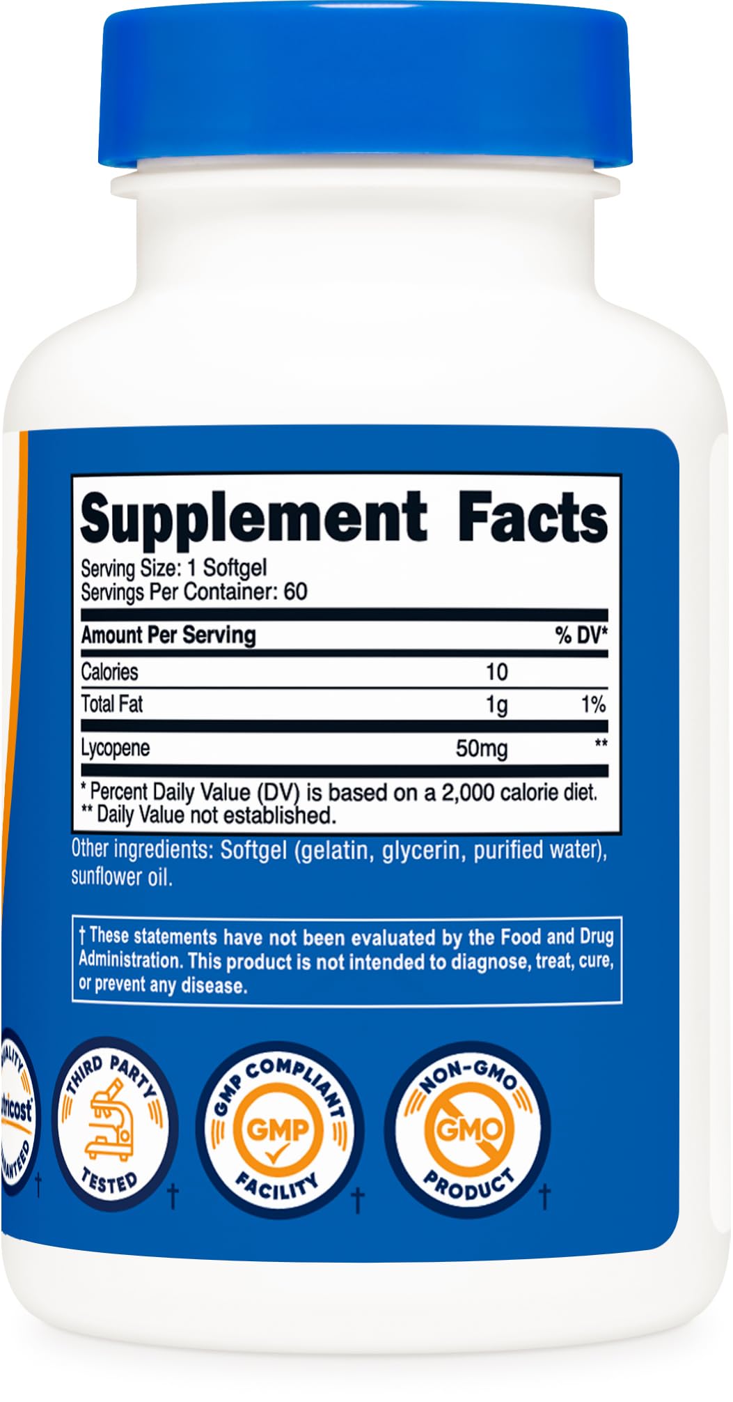 Étiquette Nutricost Lycopène sans OGM et sans gluten.