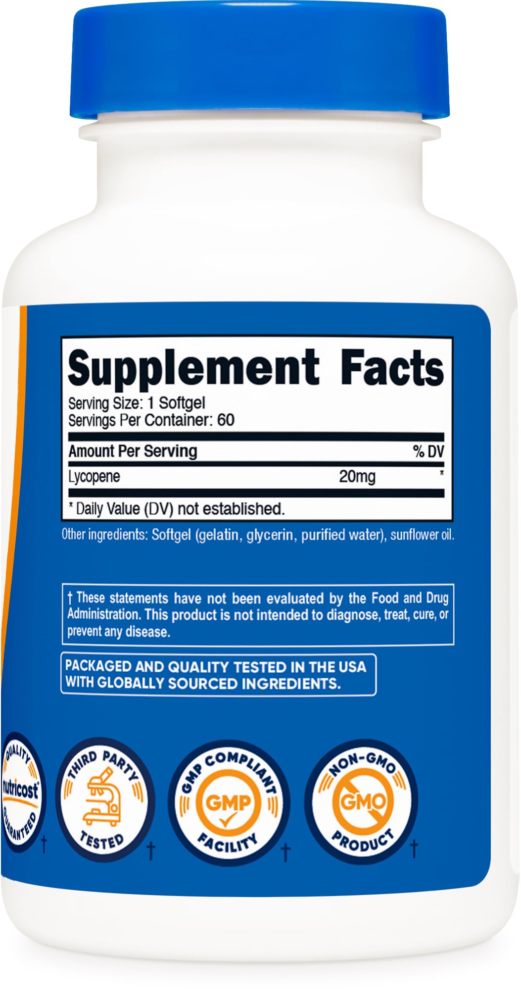 Emballage et étui Nutricost Lycopène, sans gluten et sans OGM.
