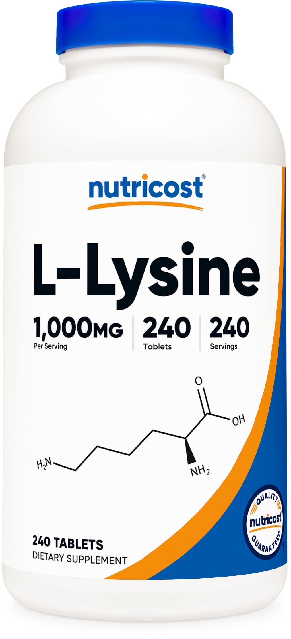 Nutricost L-Lysine 1000mg – bouteille de comprimés, apport quotidien en acide aminé.