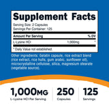 Nutricost L-Lysine 1000mg, comprimés, pratique pour compléter l'apport quotidien.