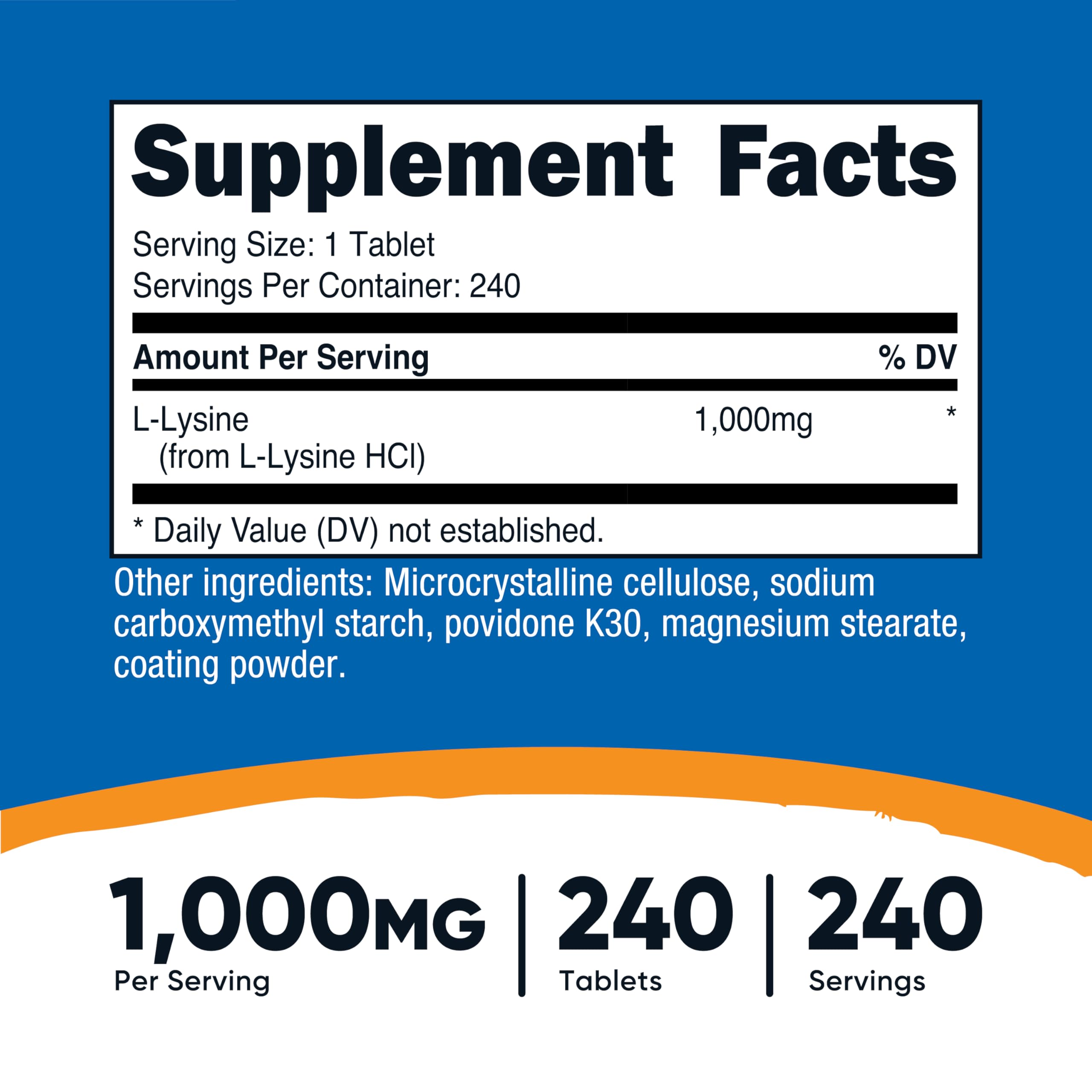 Nutricost L-Lysine 1000mg – prise quotidienne pratique pour l'apport en acides aminés.
