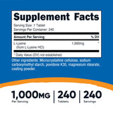 Nutricost L-Lysine 1000mg – prise quotidienne pratique pour l'apport en acides aminés.