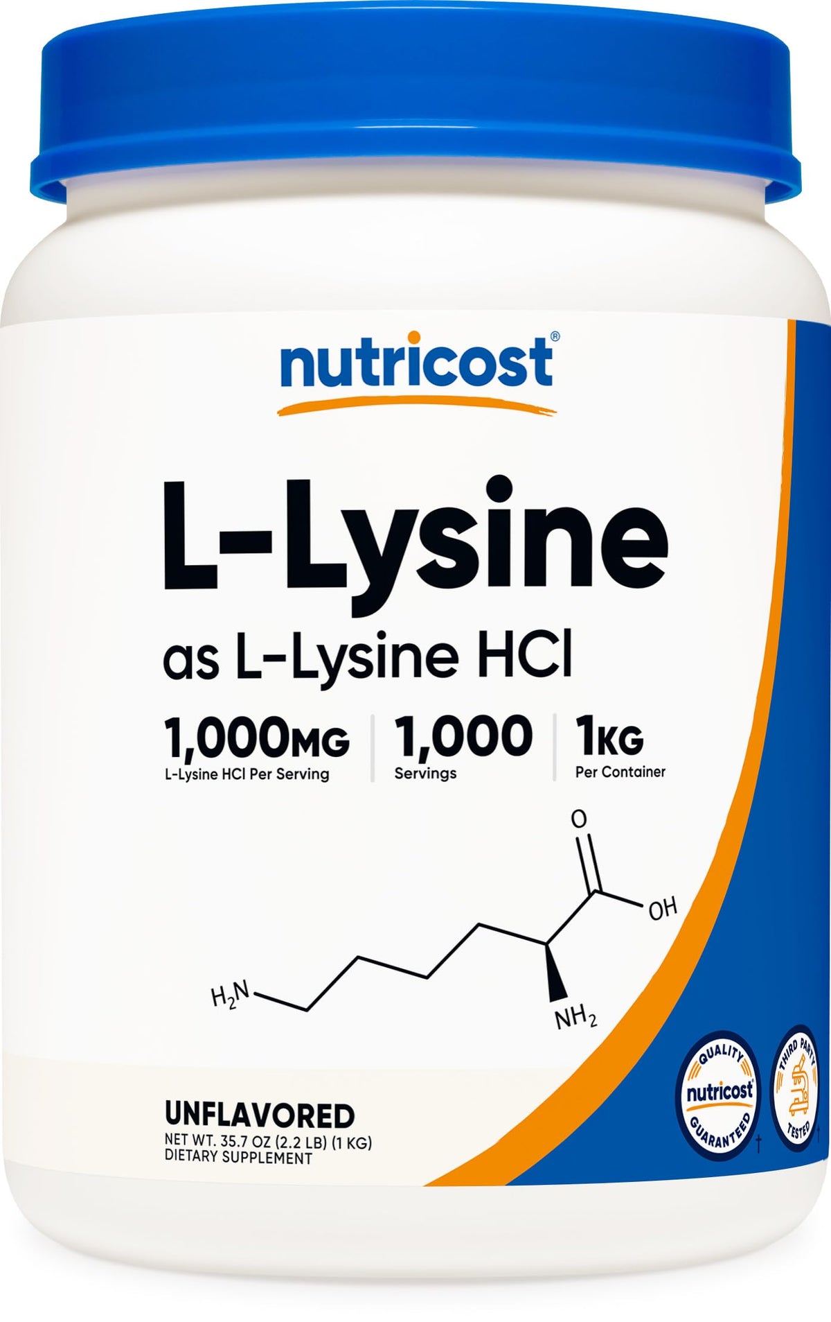 Nutricost L-Lysine poudre, emballage 1 kg, pure et conforme.