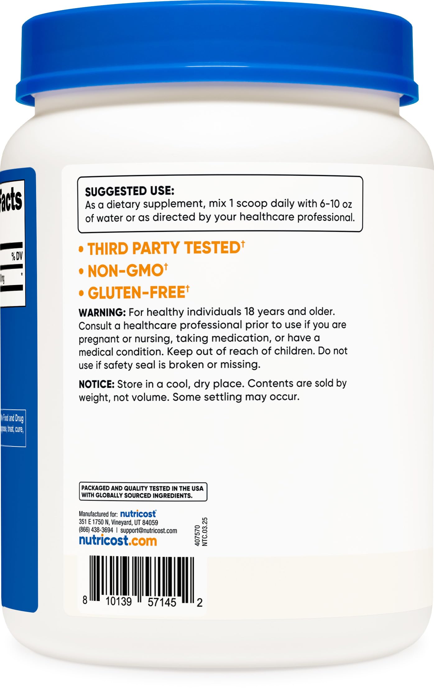 Nutricost L-Lysine poudre, sans OGM et sans gluten, qualité.