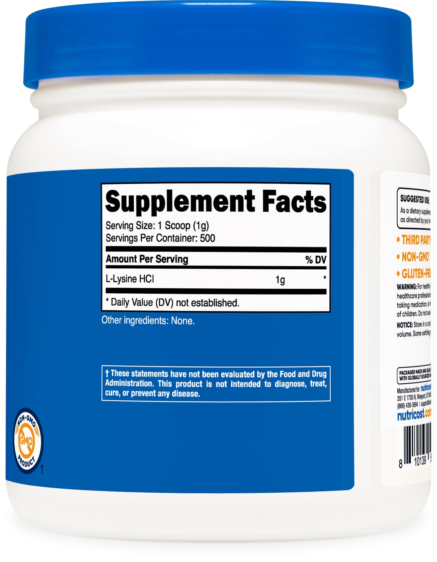 Nutricost L-Lysine usine conforme GMP et FDA, qualité assurée.