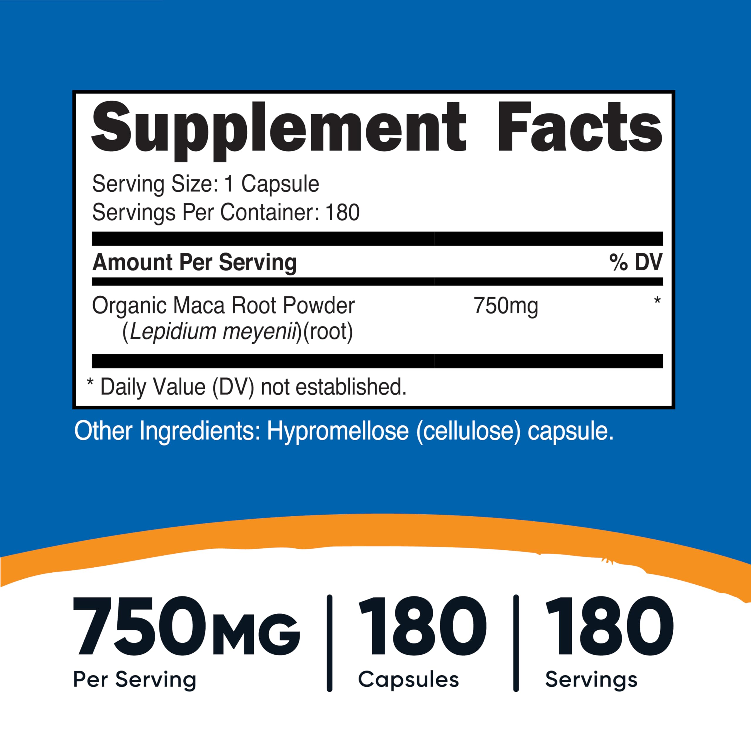 Nutricost Maca, bouteille de 180 capsules, soutien potentiel d’énergie au quotidien.