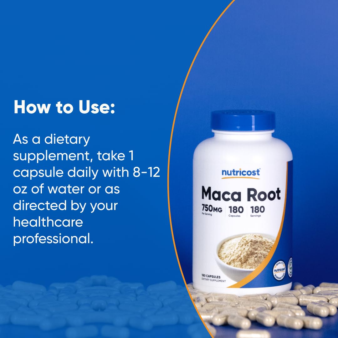 Nutricost Maca avec certifications NSF et GMP et FDA pour traçabilité et qualité.