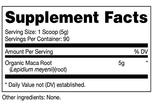 Étiquette Nutricost Maca biologique affichant les certifications GMP et FDA