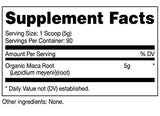 Étiquette Nutricost Maca biologique affichant les certifications GMP et FDA