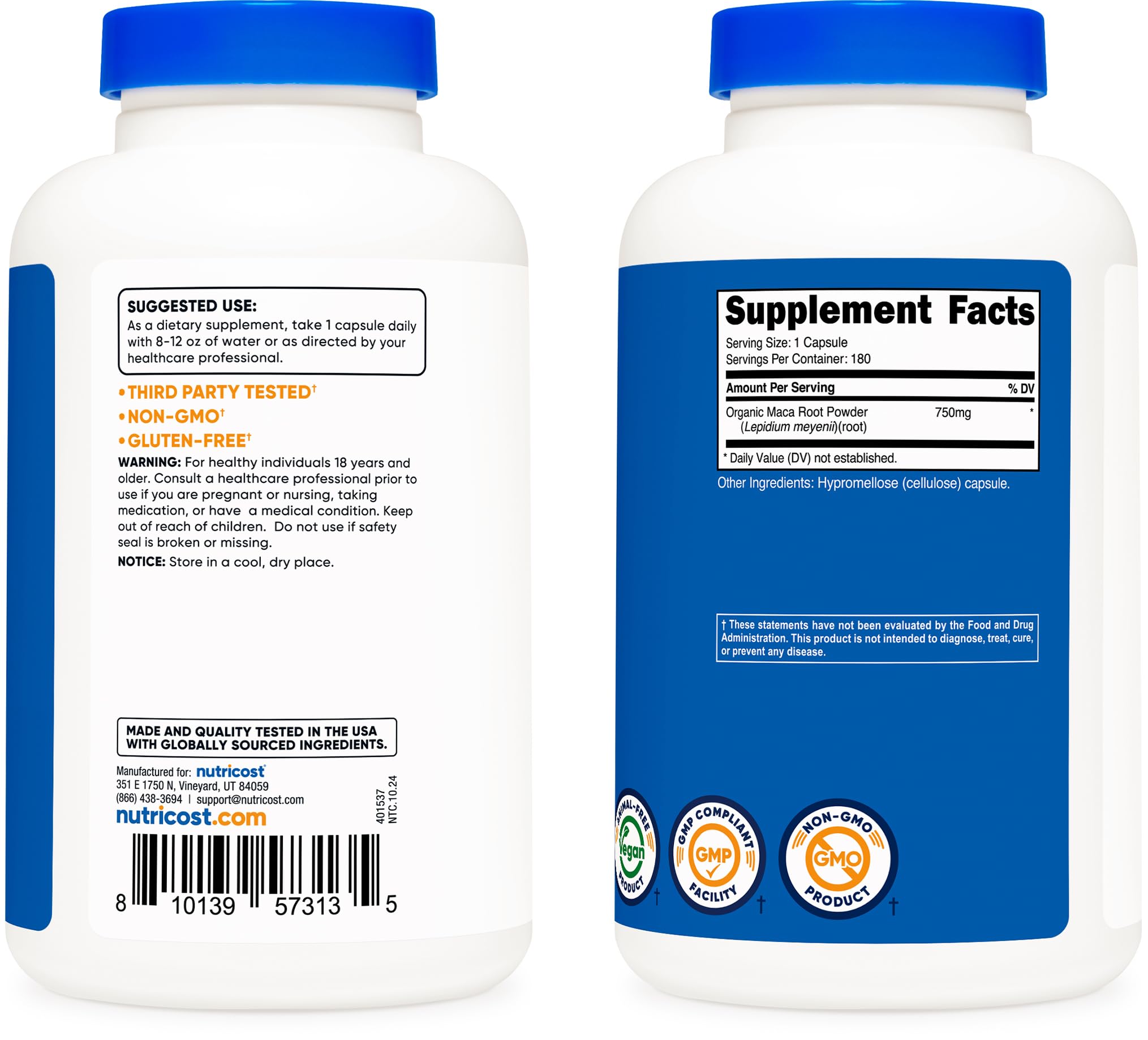 Nutricost Maca sans OGM, végétarien, capsules pratiques pour un régime équilibré.