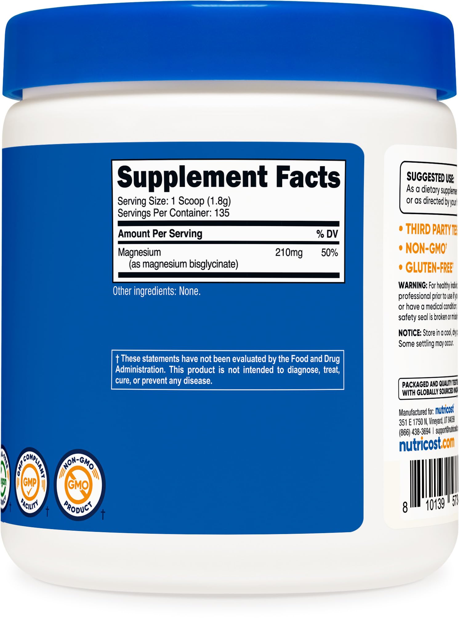 Emballage pratique Nutricost Magnésium Bisglycinate, poudre légère et facile à utiliser.