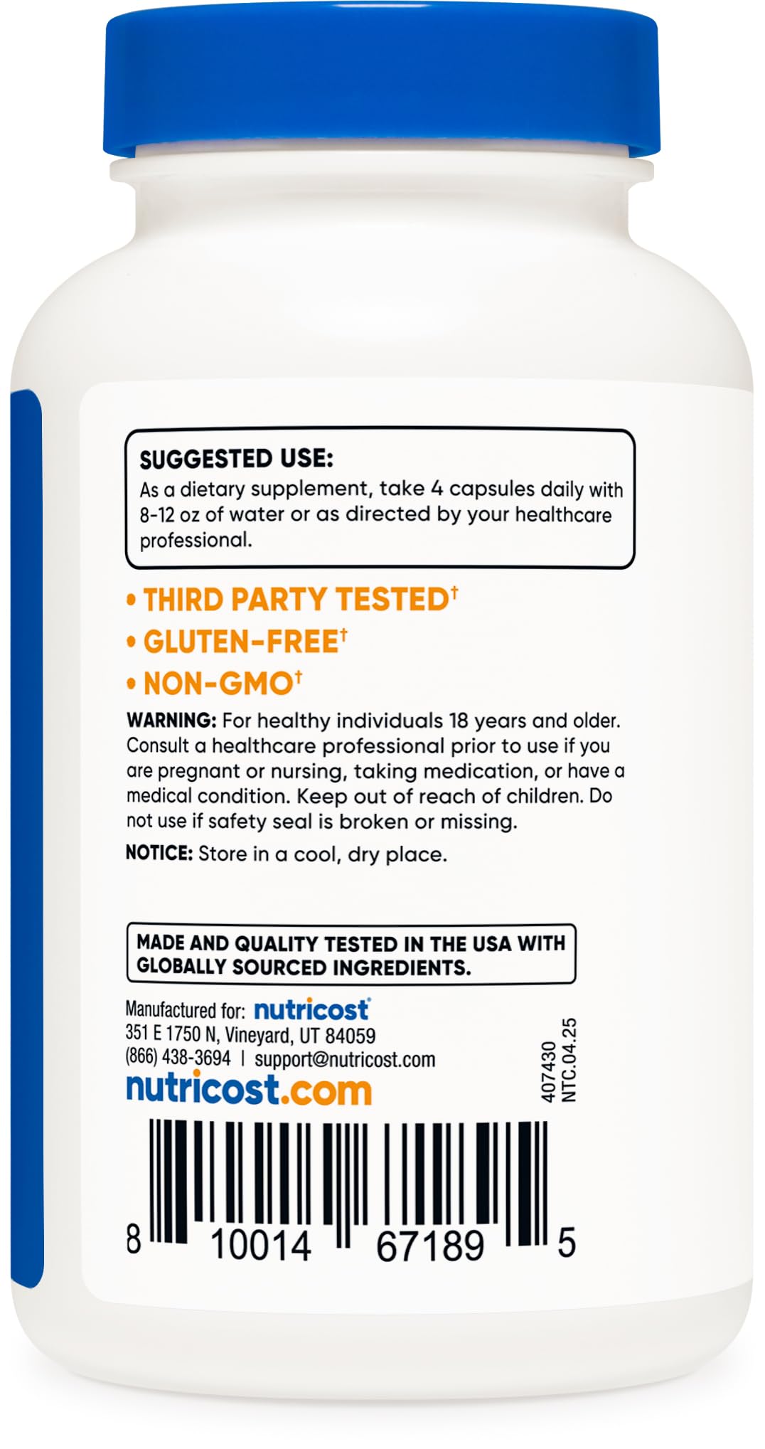 Nutricost Magnesium Citrate, étiquette montrant 420 mg par portion, aide à planifier la dose.