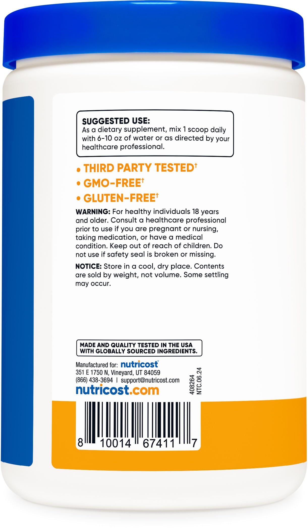 Nutricost Magnésium Citrate Peach Mango — étiquette sans OGM et sans gluten, choix sain.