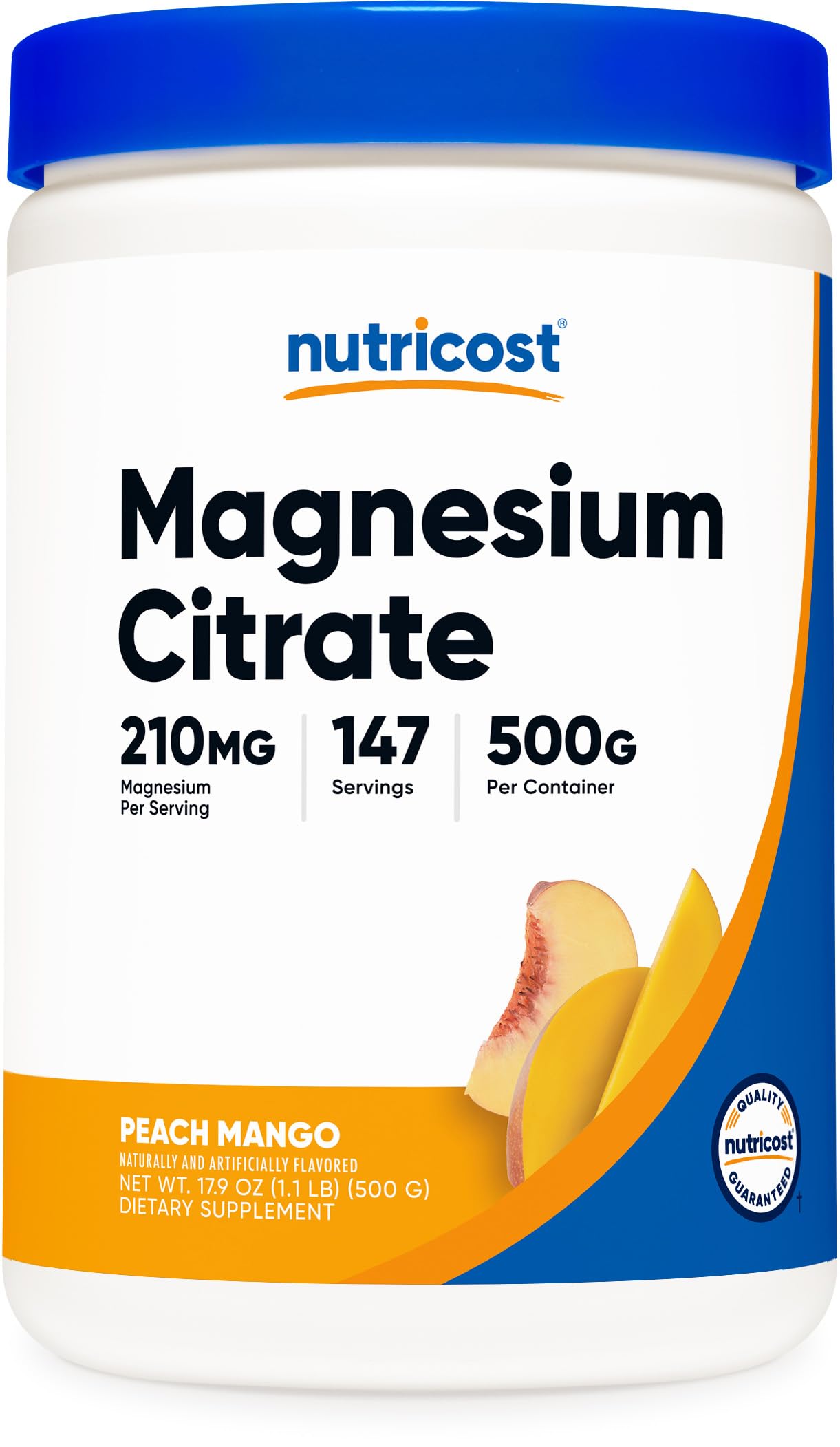 Nutricost Magnésium Citrate Peach Mango — poudre prête à être mélangée dans un shaker après l'entraînement.
