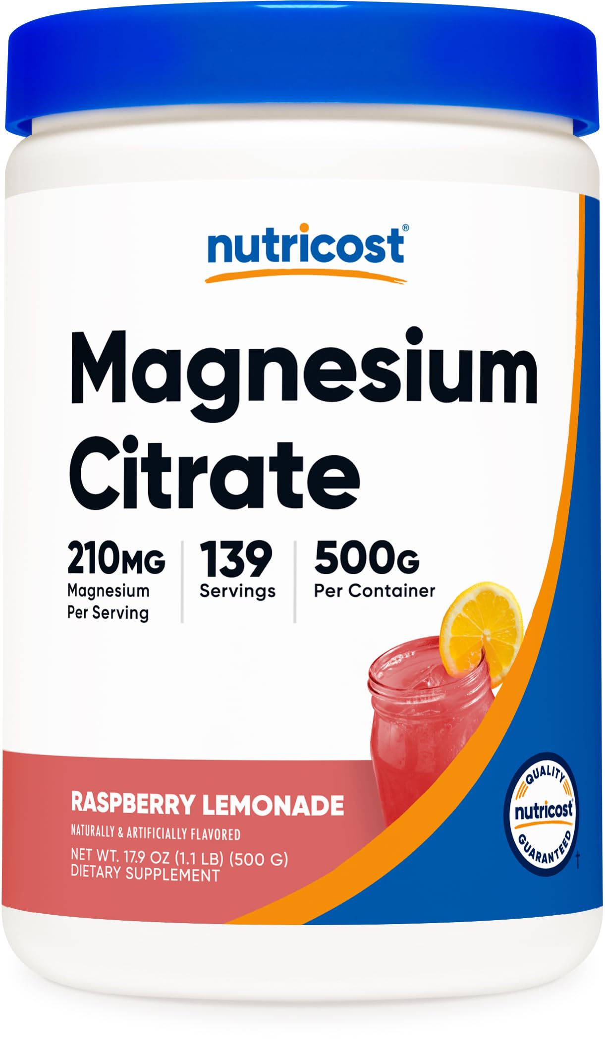 Nutricost Magnésium Citrate poudre Framboise-Citron, flacon 500 g prêt à être mélangé.