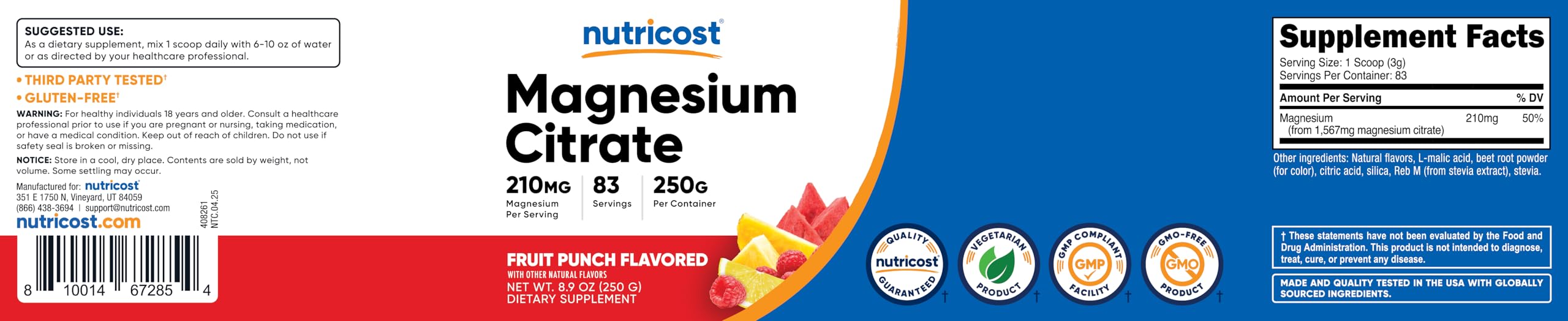 Nutricost Magnésium Citrate, emballage compact pour la maison et les déplacements.