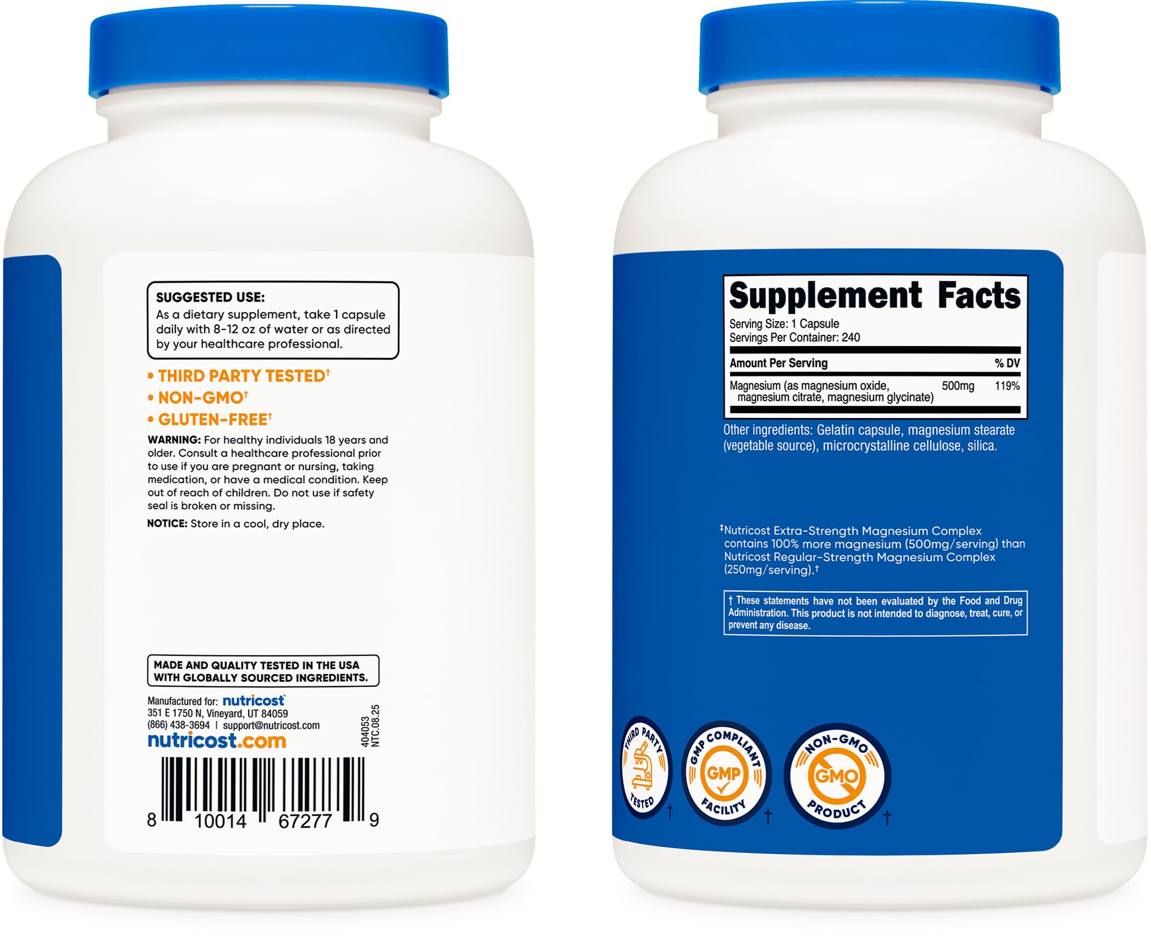 Nutricost Magnésium Complex 500mg – étiquette présentant les formes de magnésium.
