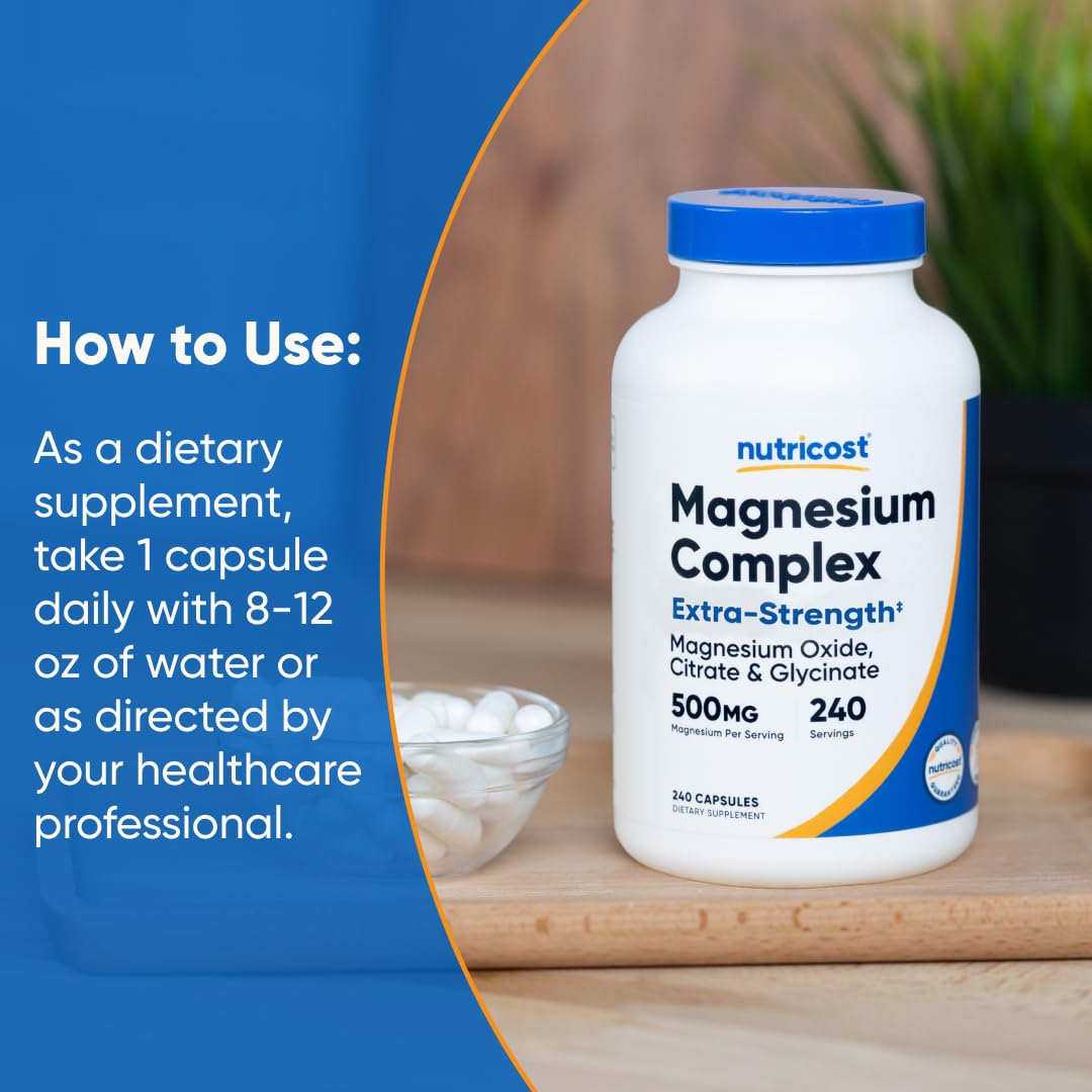 Nutricost Magnésium Complex 500mg – emballage montrant 240 capsules.