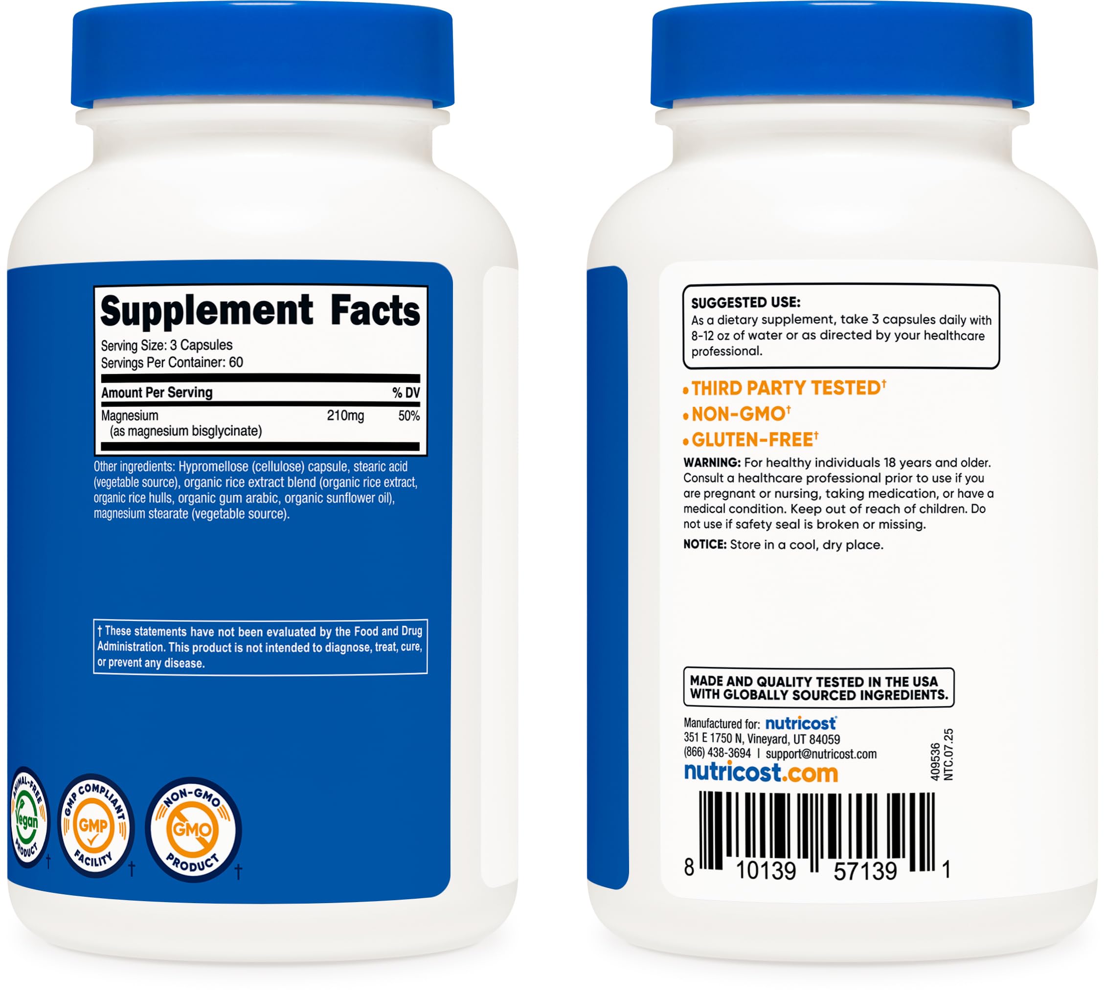 Étiquette Nutricost affichant les certifications NSF et GMP.