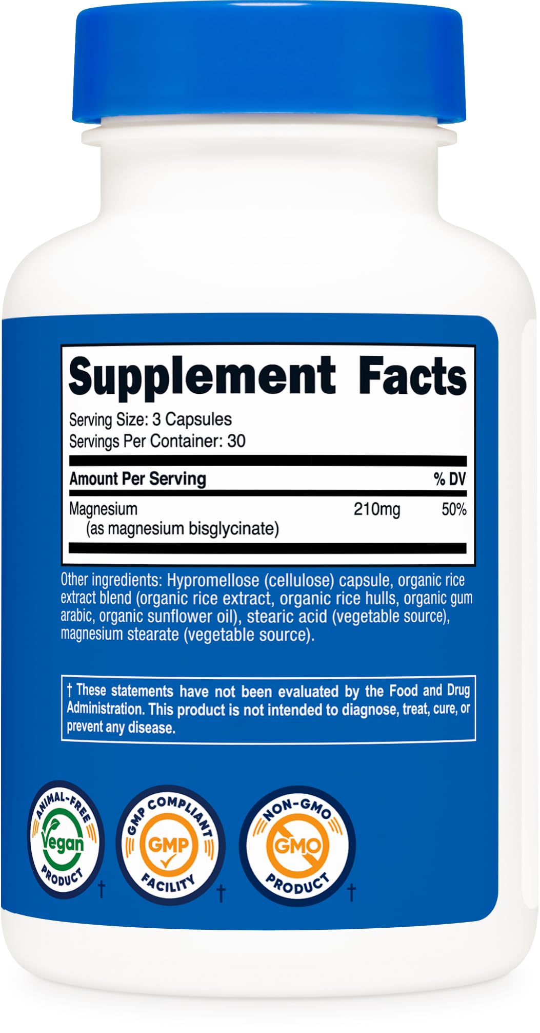 Nutricost magnésium glycinate gélules, dosage recommandé de 210 mg par portion.