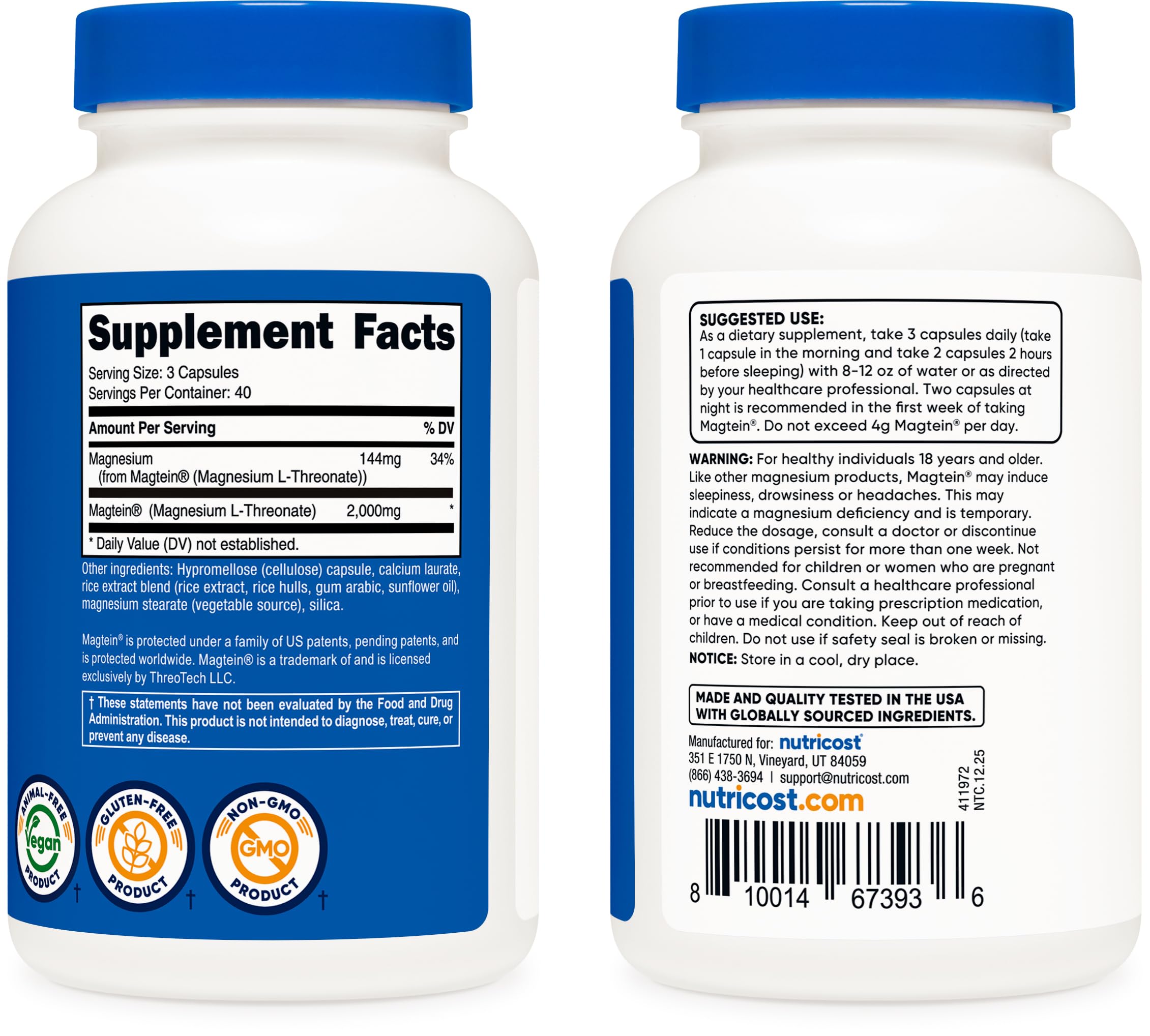 Nutricost Magtein 2000 mg – emballage recto: design clair et informations essentielles.