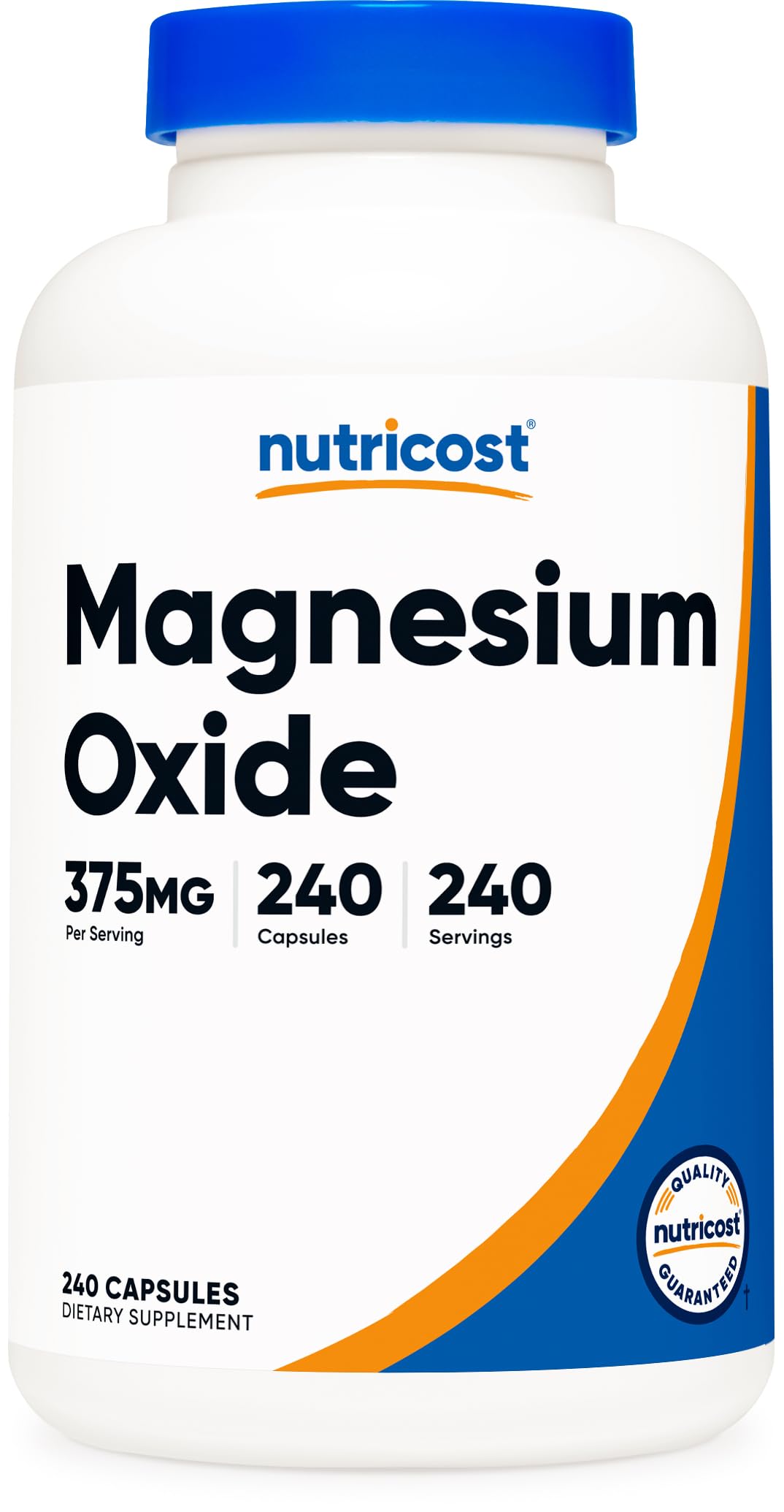 Nutricost Magnésium Oxyde, capsules, dosage pratique de 375 mg par prise.