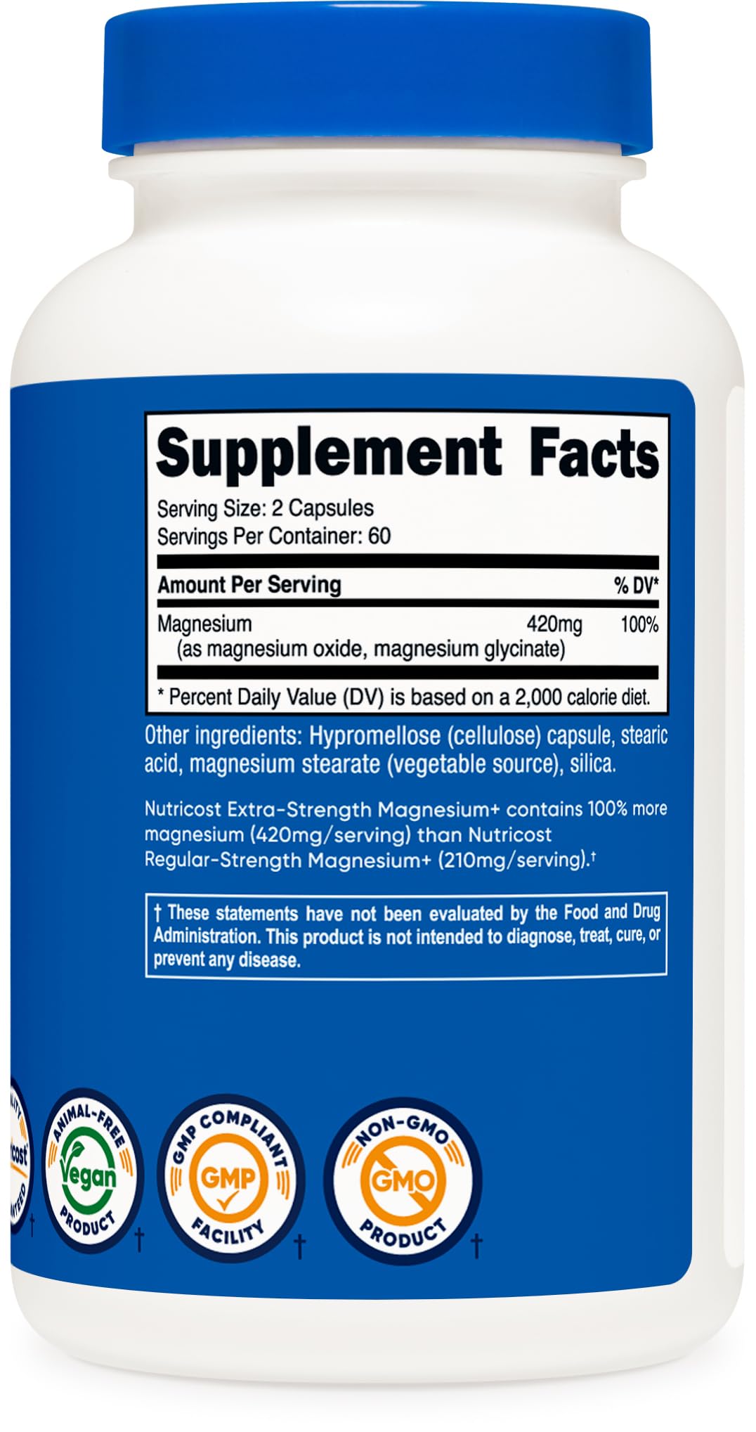 Nutricost Magnésium Plus — mode d'emploi simple: deux capsules par portion.