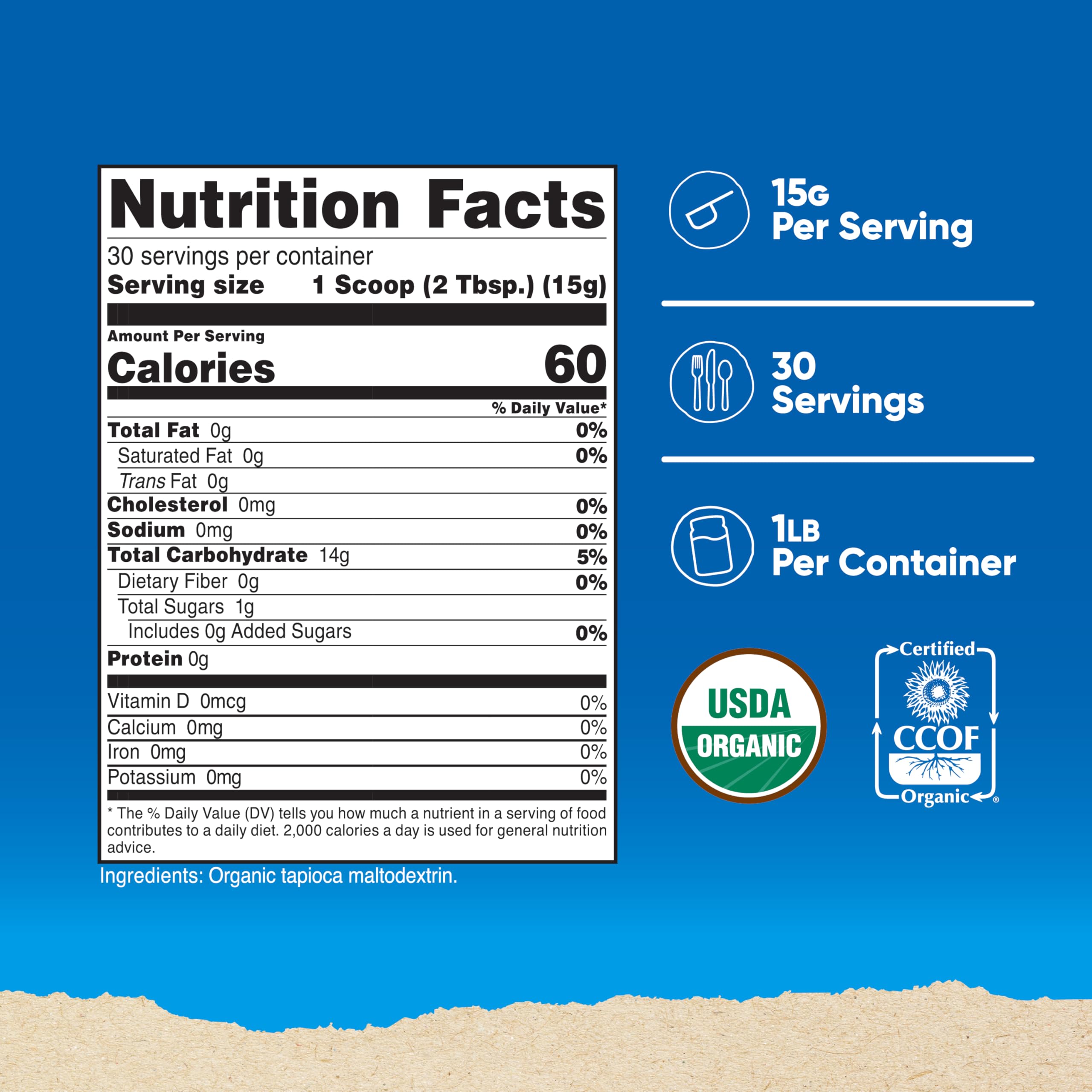 Nutricost maltodextrine biologique avec cuillère inclus, dosage pratique pour les portions.
