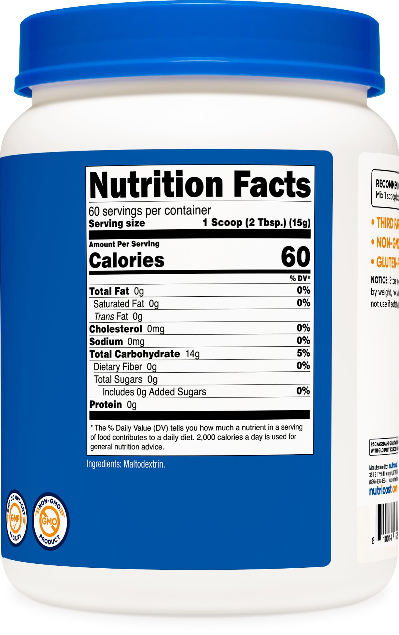Nutricost Maltodextrine, verre de mesure, poudre neutre adaptée à l’hydratation post-entraînement.