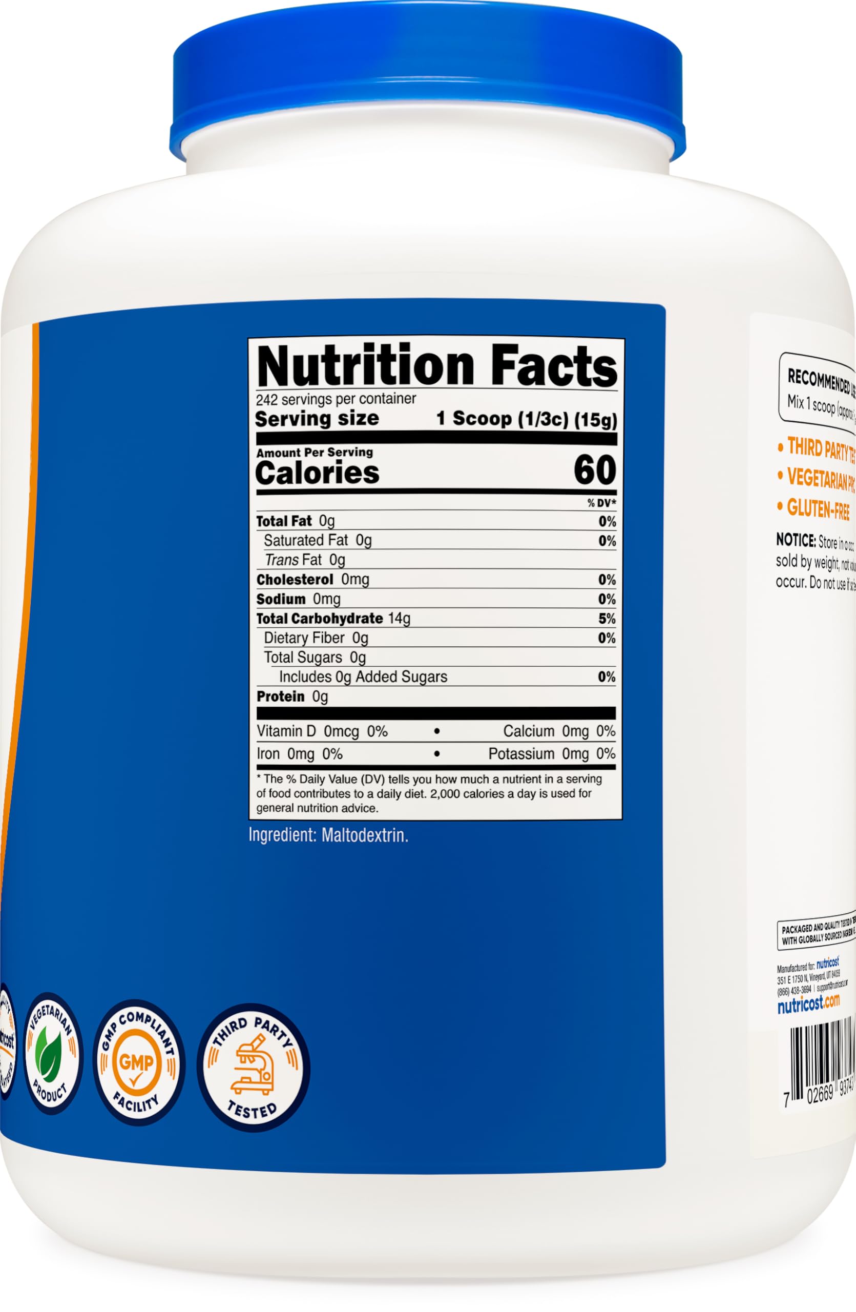 Nutricost Maltodextrine en poudre usine certifiée NSF GMP FDA, qualité et traçabilité.