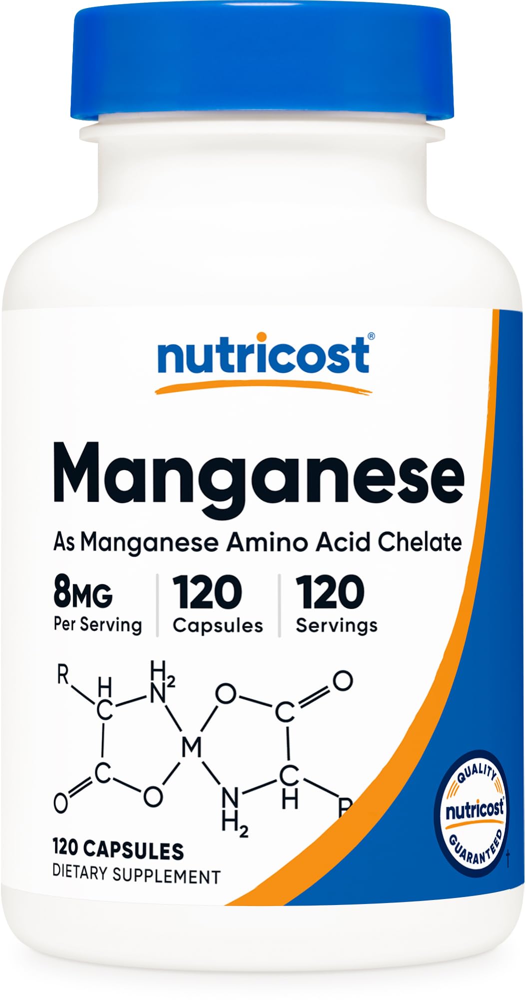 Nutricost Manganèse chelaté 8 mg en bouteille, pratique pour la routine.