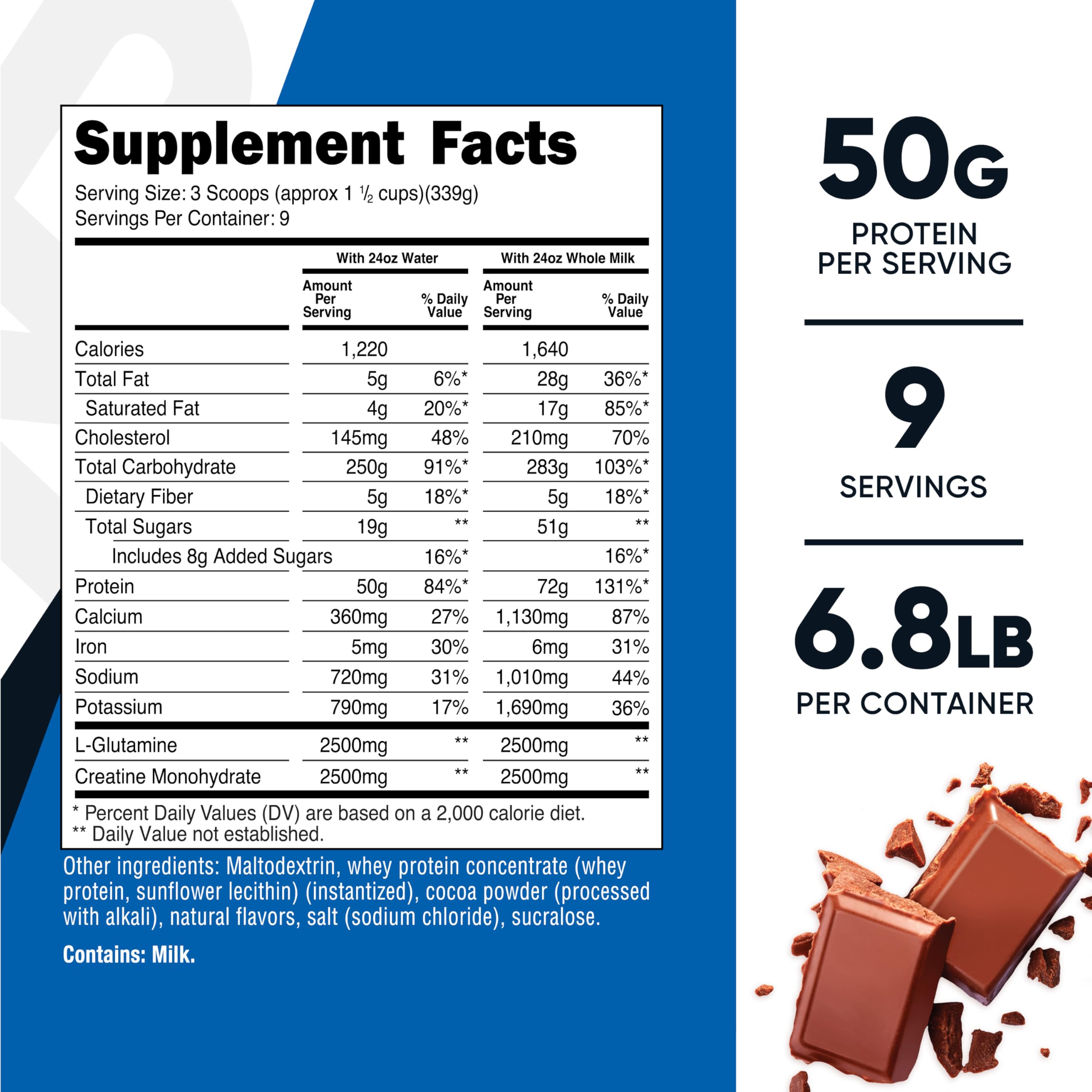 Nutricost Mass Gainer avec 50 g de protéines par portion.