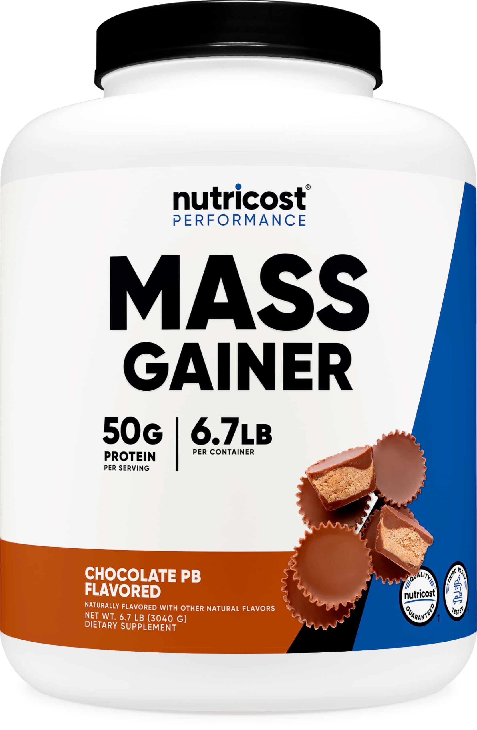 Nutricost Mass Gainer en bouteille chocolat beurre de cacahuète, source protéique pratique.