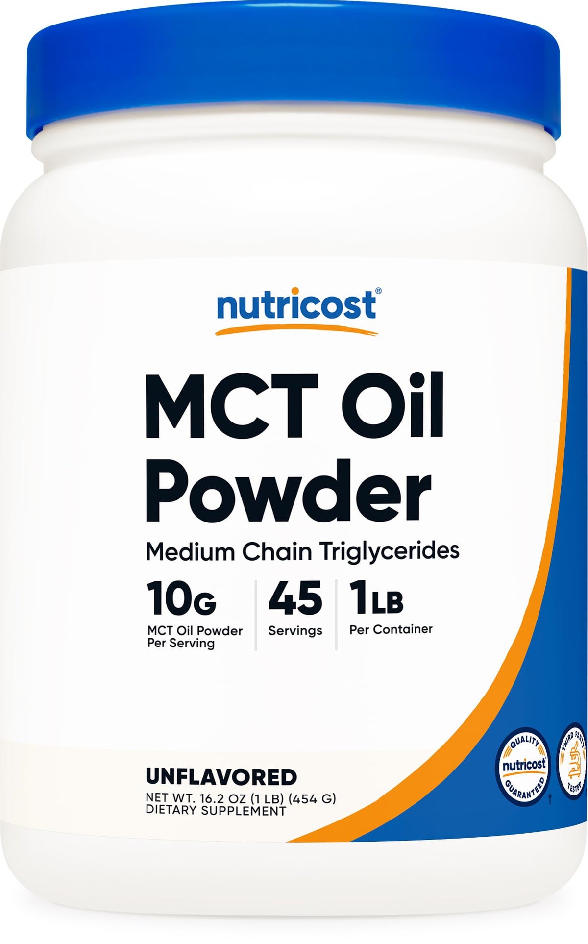 Nutricost MCT Oil Powder dans sa bouteille, pratique pour le régime keto.