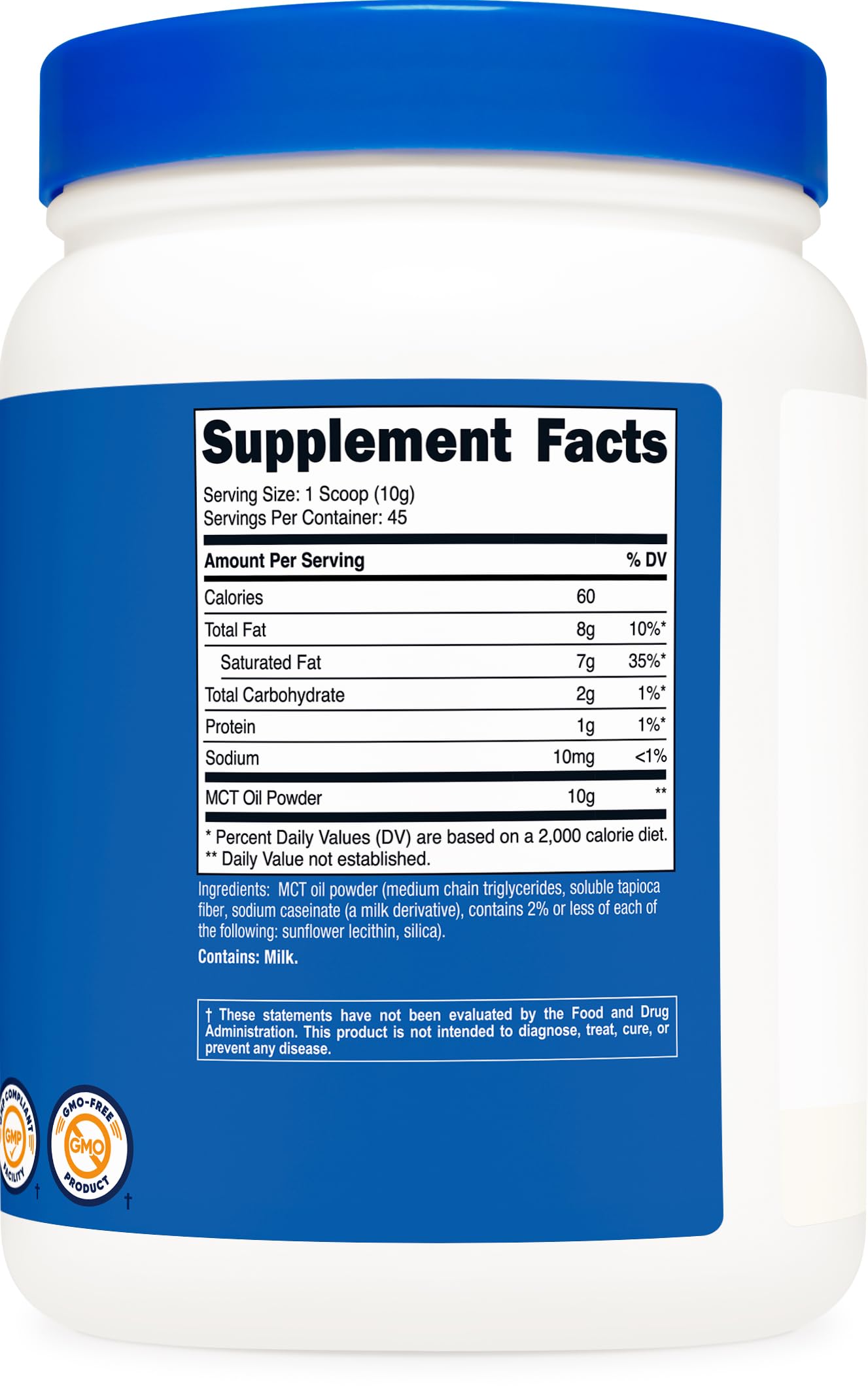 Formulation sans gluten et sans soja de Nutricost MCT Oil Powder.