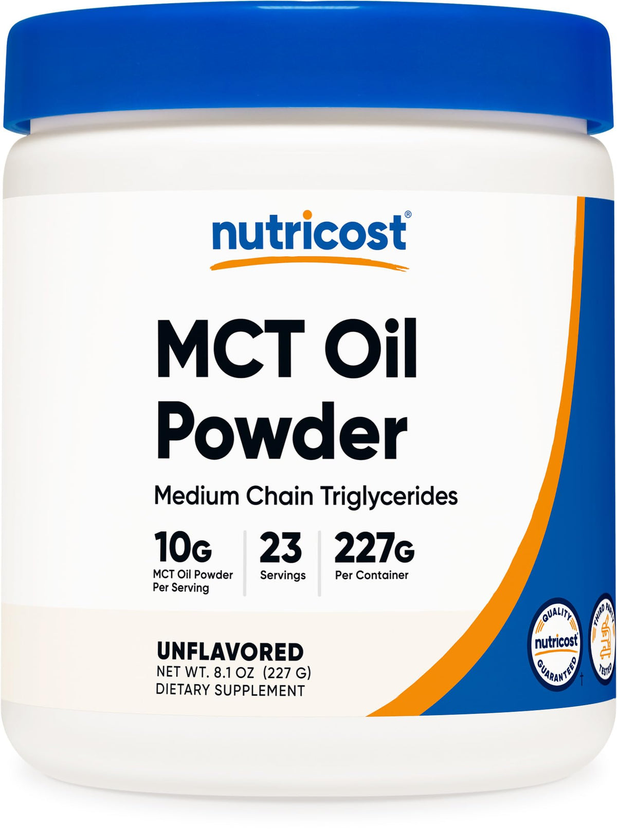 Nutricost MCT Poudre, bouteille verser, facile à ajouter à vos boissons.
