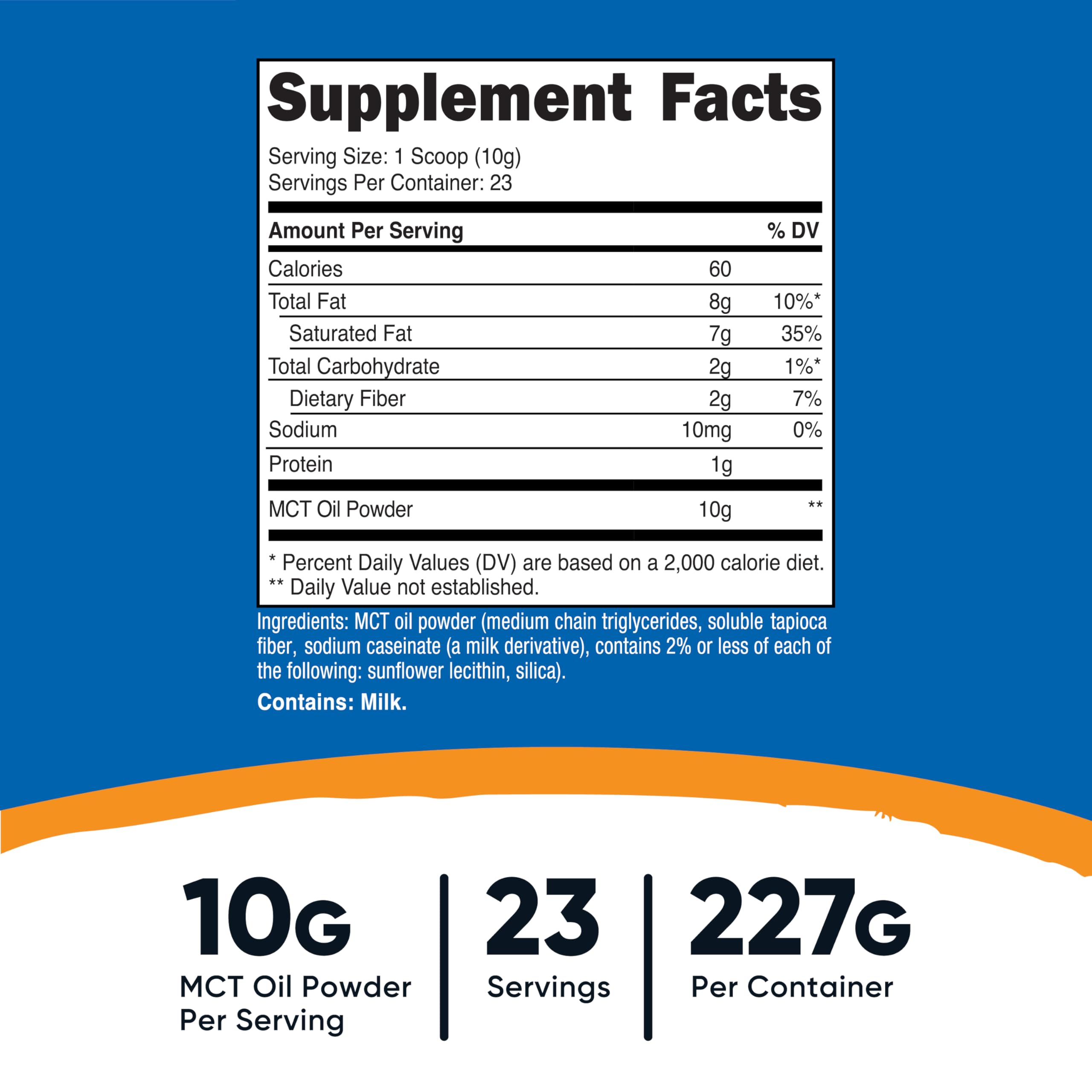 Nutricost MCT Poudre, cuillère de mesure, dosage précis et pratique.