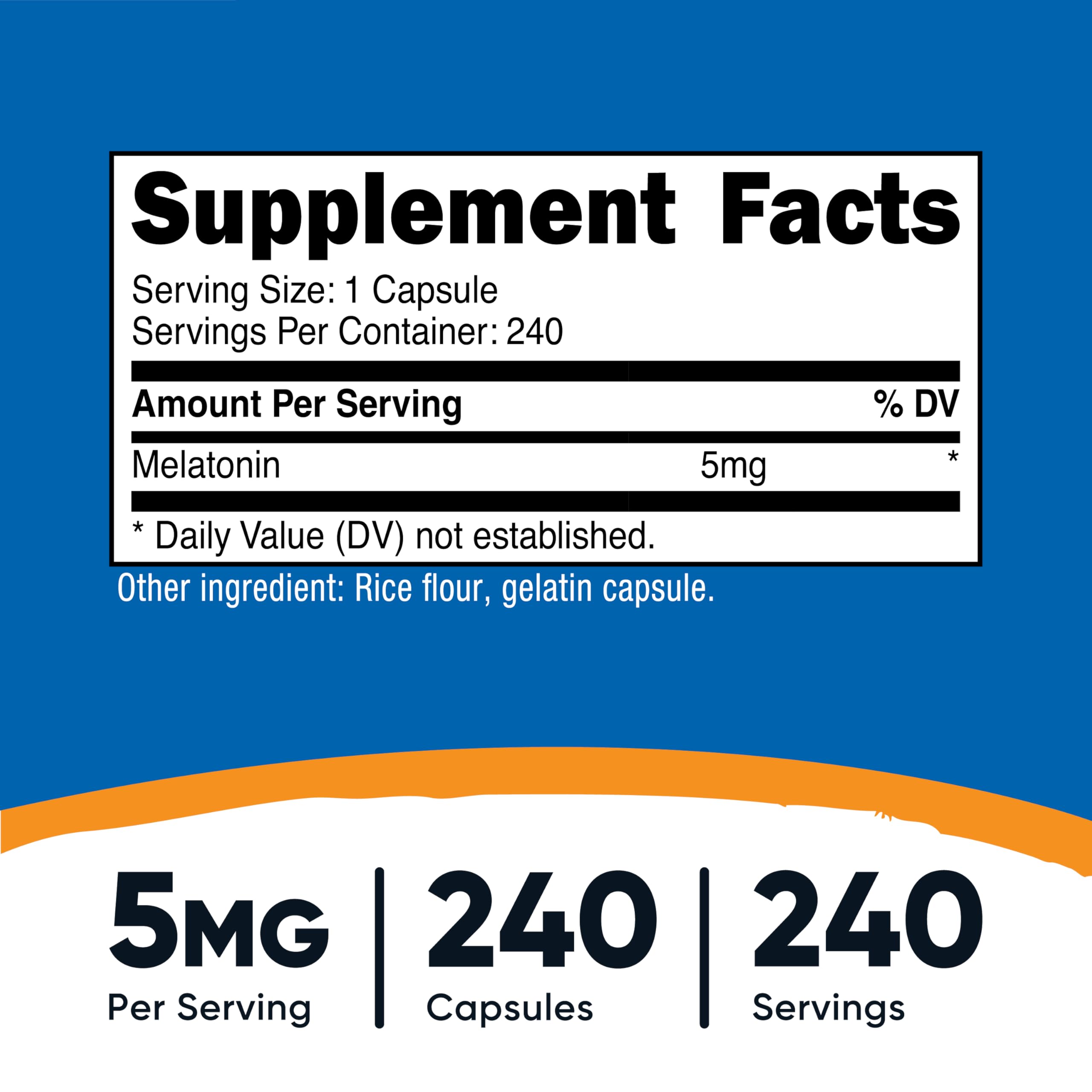 Capsules Nutricost Mélatonine visibles en gros-plan, dosage par portion clair.