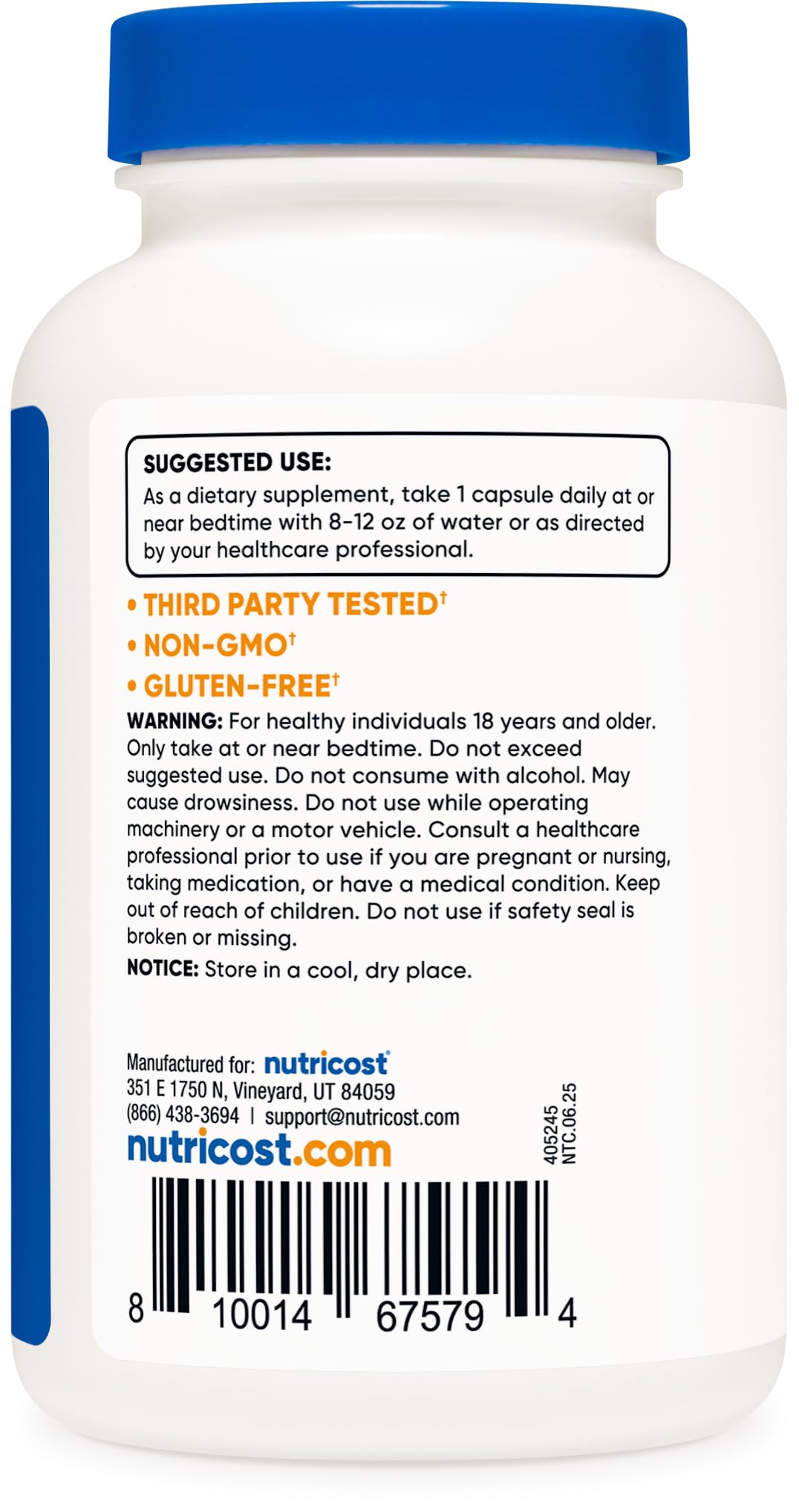 Nutricost Mélatonine 20 mg : boîte d'emballage neutre et sûre.