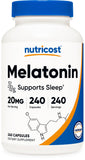 Nutricost Mélatonine 20 mg : bouteille prête pour une utilisation nocturne.