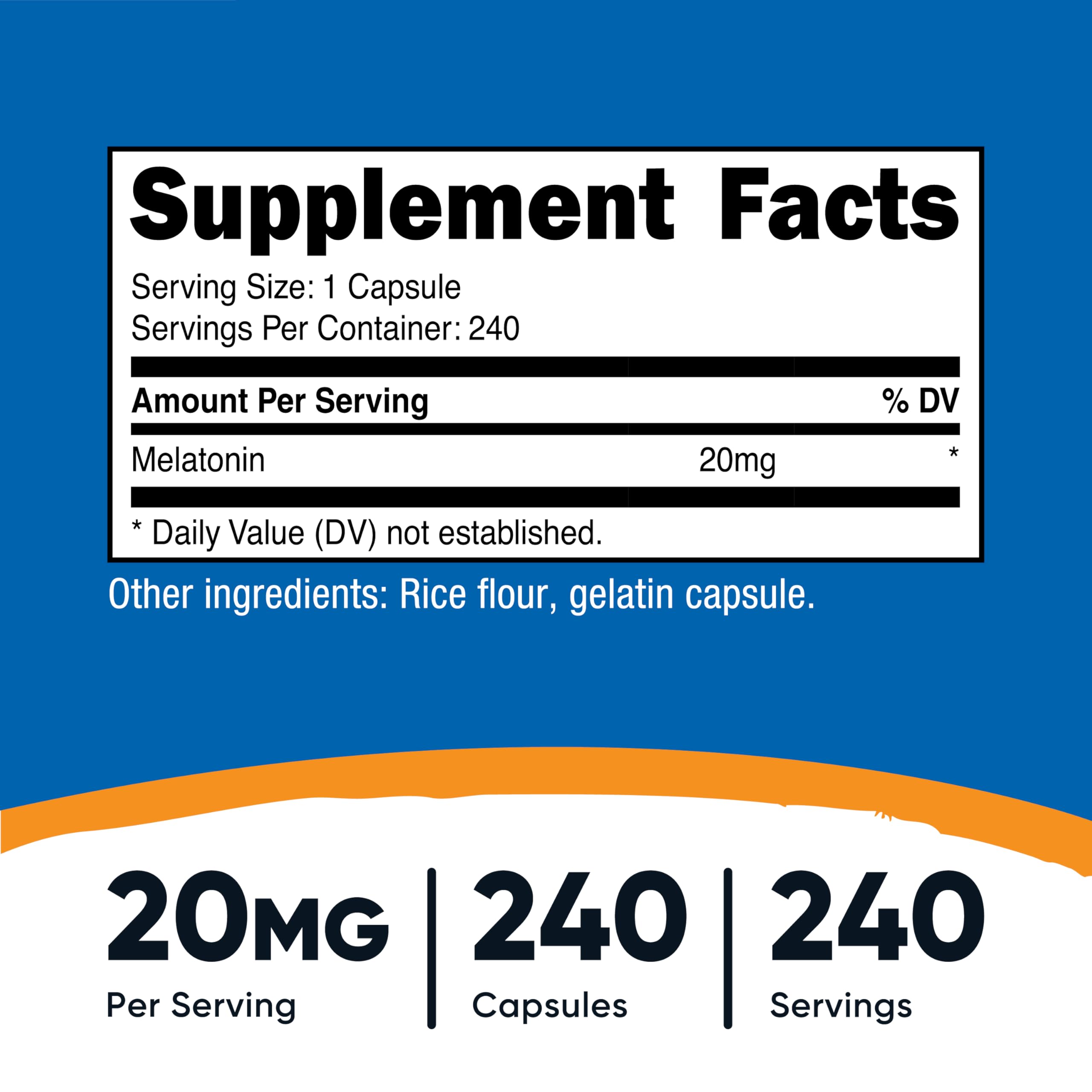 Nutricost Mélatonine 20 mg : étiquette claire pour dosage et traçabilité.