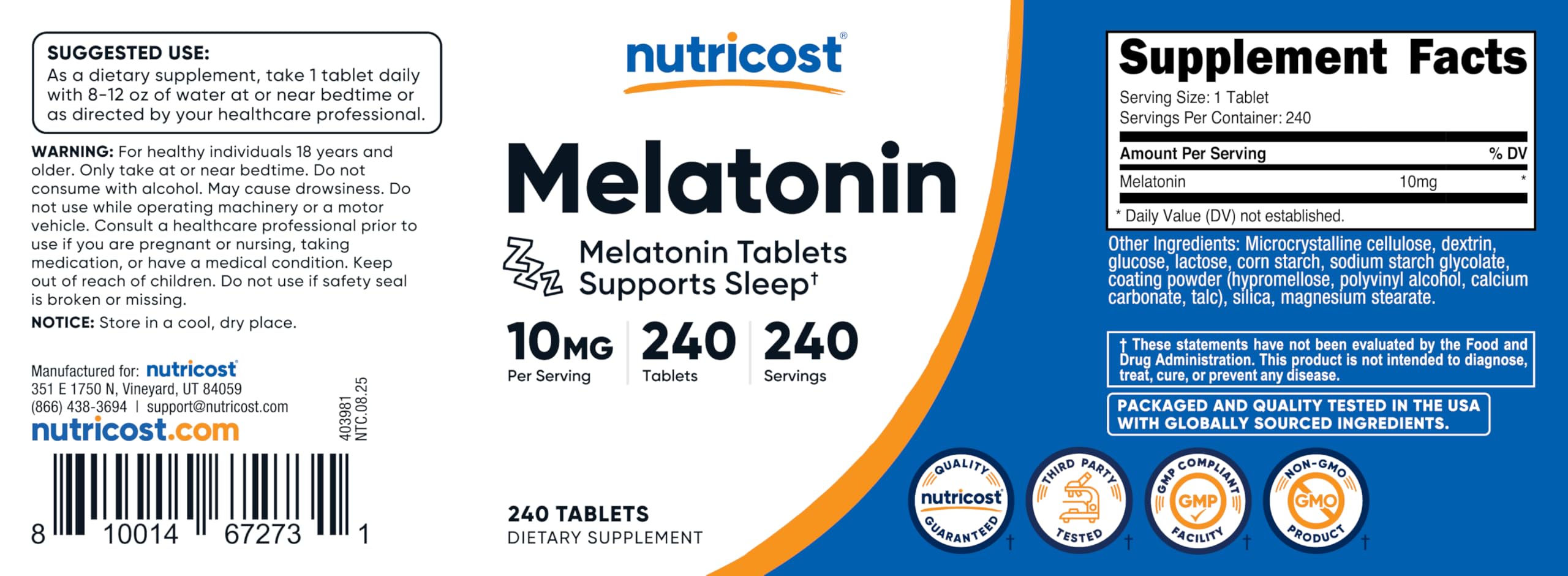 Nutricost Mélatonine: dosage 10 mg par portion et 240 portions