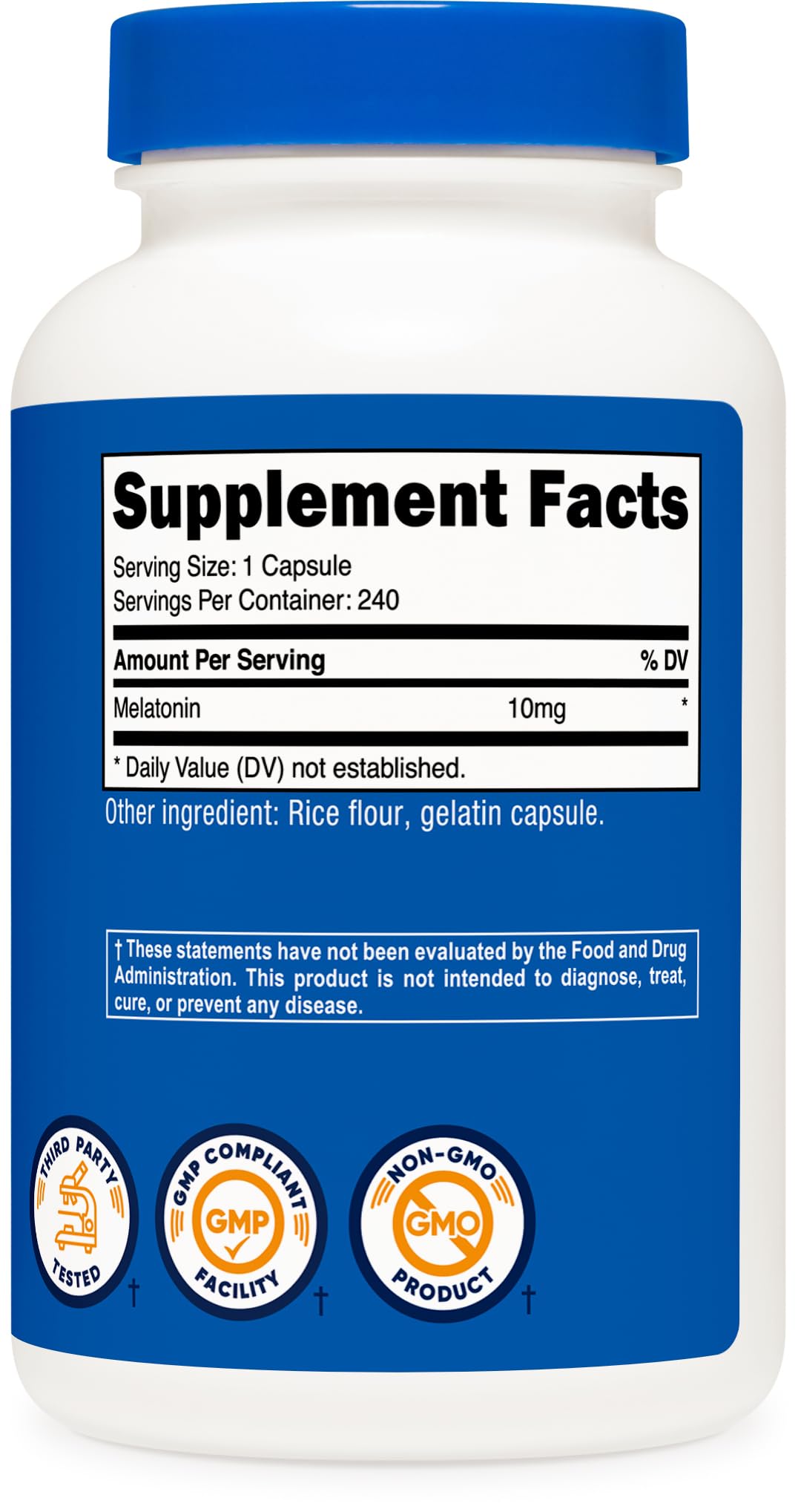 Nutricost Mélatonine: étiquette affichant qualité et conformité FDA