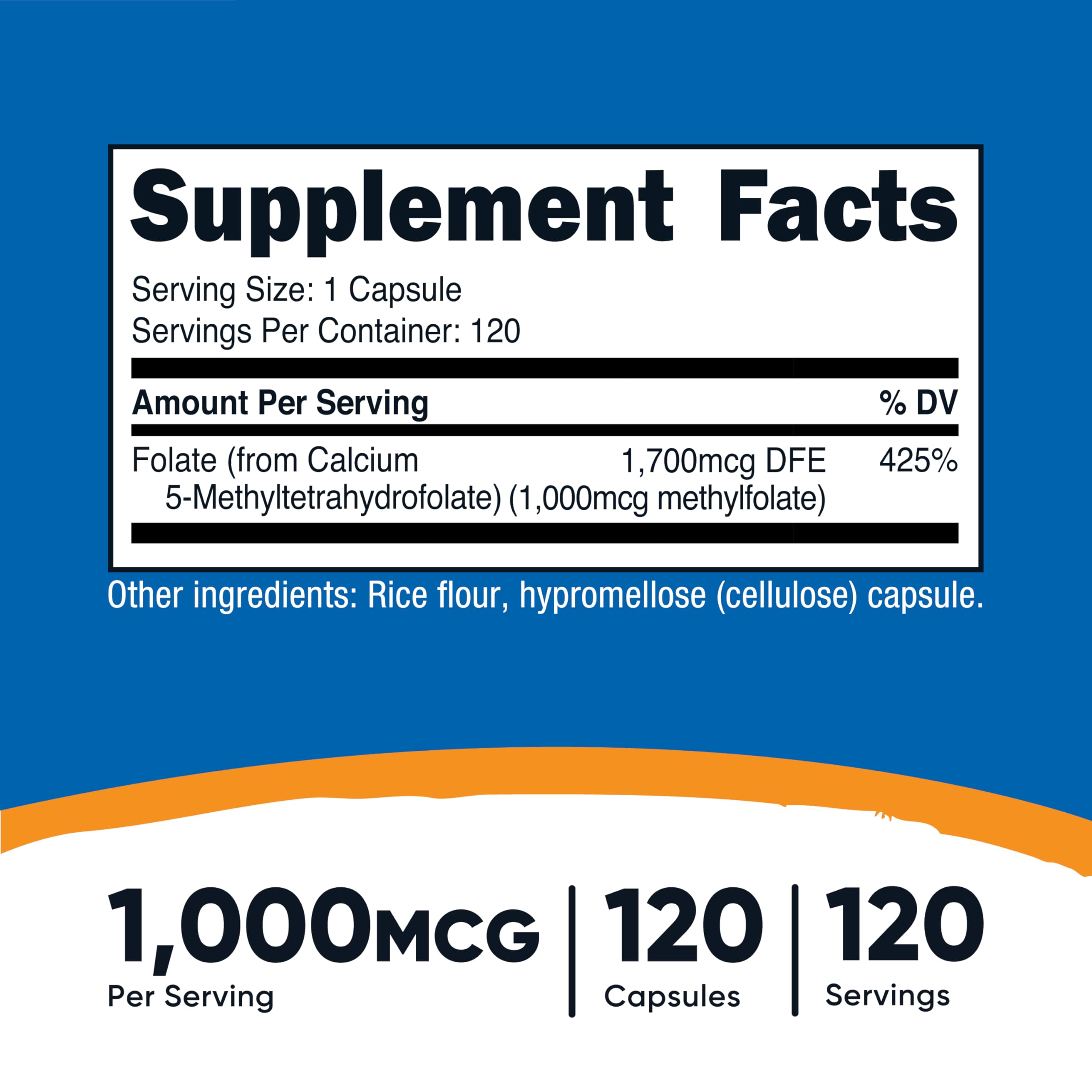 Nutricost Methylfolate – emballage clair sans gluten et sans OGM.