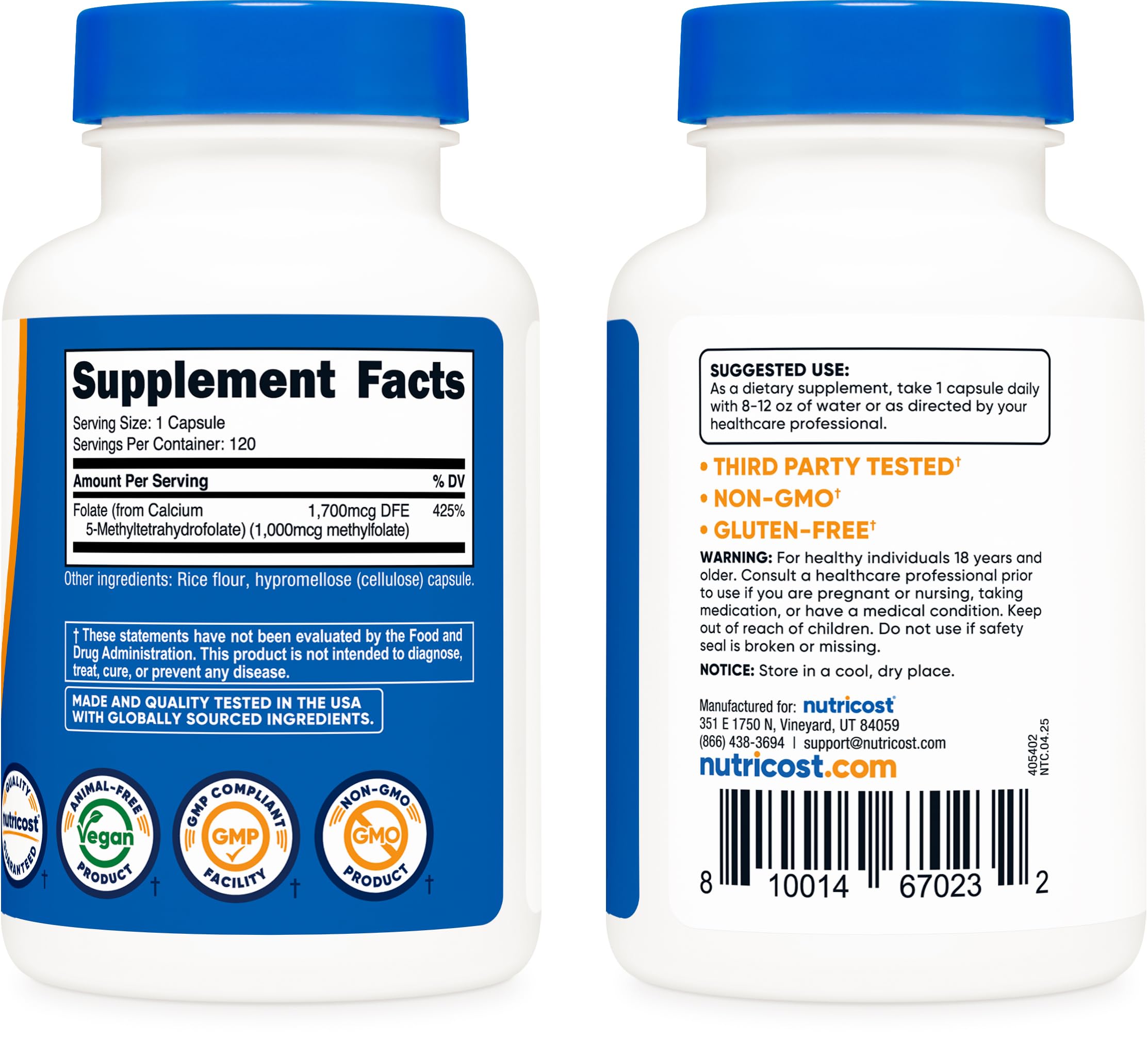 Nutricost Methylfolate – dose de 1000mcg par portion utile.